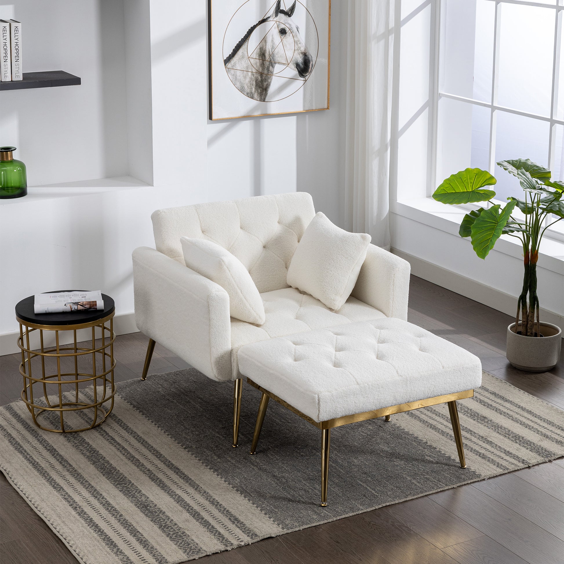 36.61'' Wide Modern Accent Chair With 3 Positions Adjustable Backrest, Tufted Chaise Lounge Chair, Single Recliner Armchair With Ottoman And Gold Legs For Living Room, Bedroom Ivory Ivory Foam Sherpa