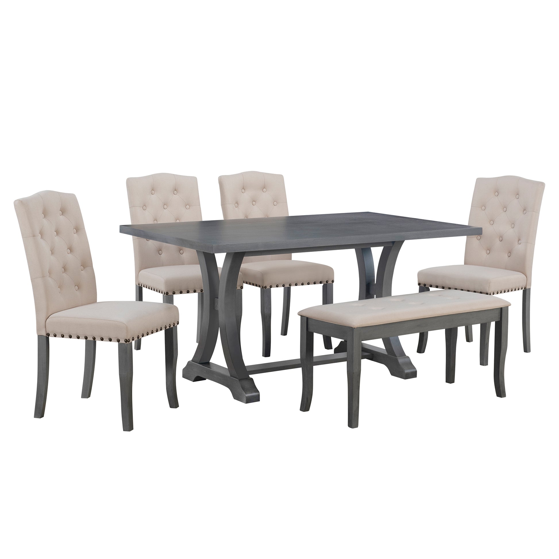 6 Piece Farmhouse Dining Table Set, Rectangular Trestle Table And 4 Upholstered Chairs & Bench For Dining Room Antique Gray Antique Gray Solid Wood