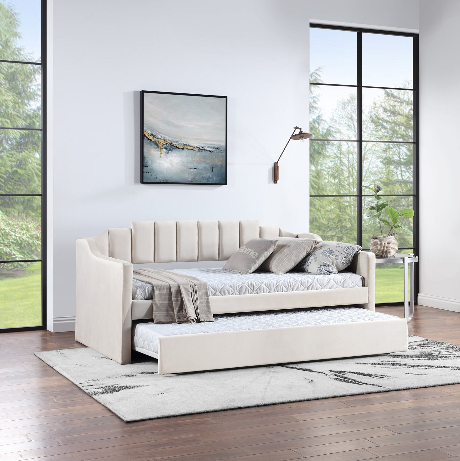 Velvet Daybed With Trundle Upholstered Tufted Sofa Bed, Both Twin Size, Beige Beige Solid Wood