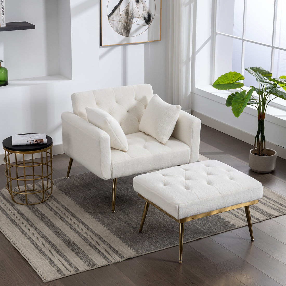 36.61'' Wide Modern Accent Chair With 3 Positions Adjustable Backrest, Tufted Chaise Lounge Chair, Single Recliner Armchair With Ottoman And Gold Legs For Living Room, Bedroom Ivory Ivory Foam Sherpa