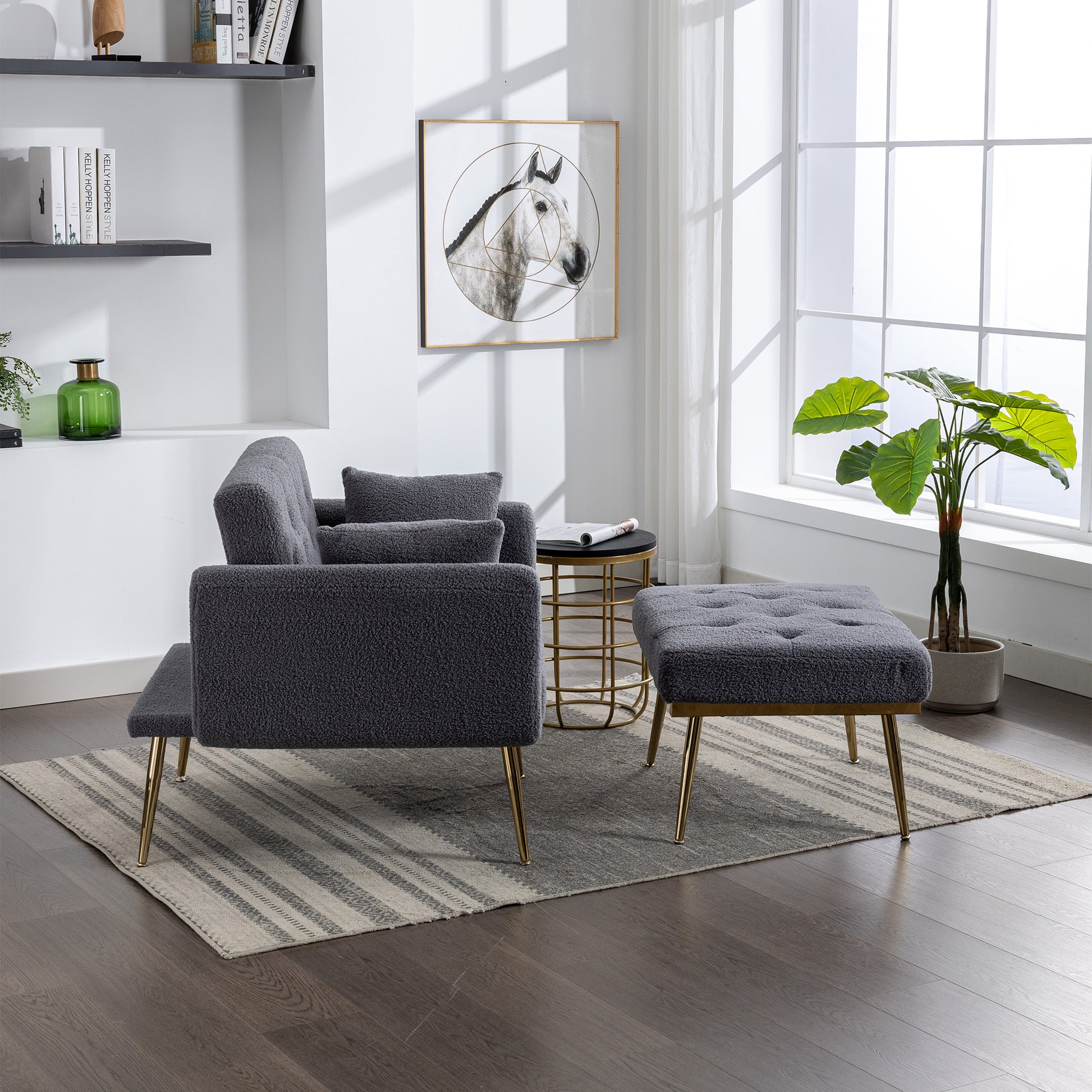 36.61'' Wide Modern Accent Chair With 3 Positions Adjustable Backrest, Tufted Chaise Lounge Chair, Single Recliner Armchair With Ottoman And Gold Legs For Living Room, Bedroom Gray Gray Foam Sherpa