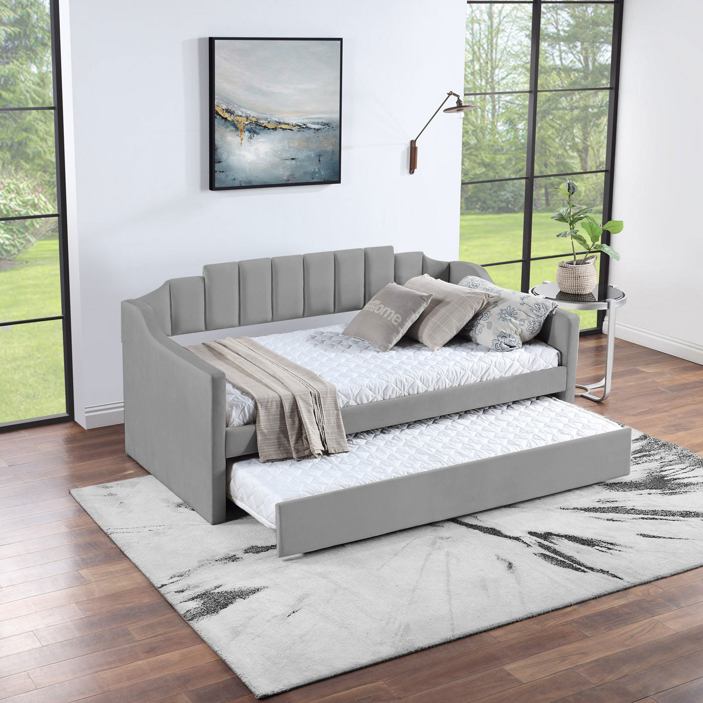 Velvet Daybed With Trundle Upholstered Tufted Sofa Bed, Both Twin Size, Grey Beige Solid Wood