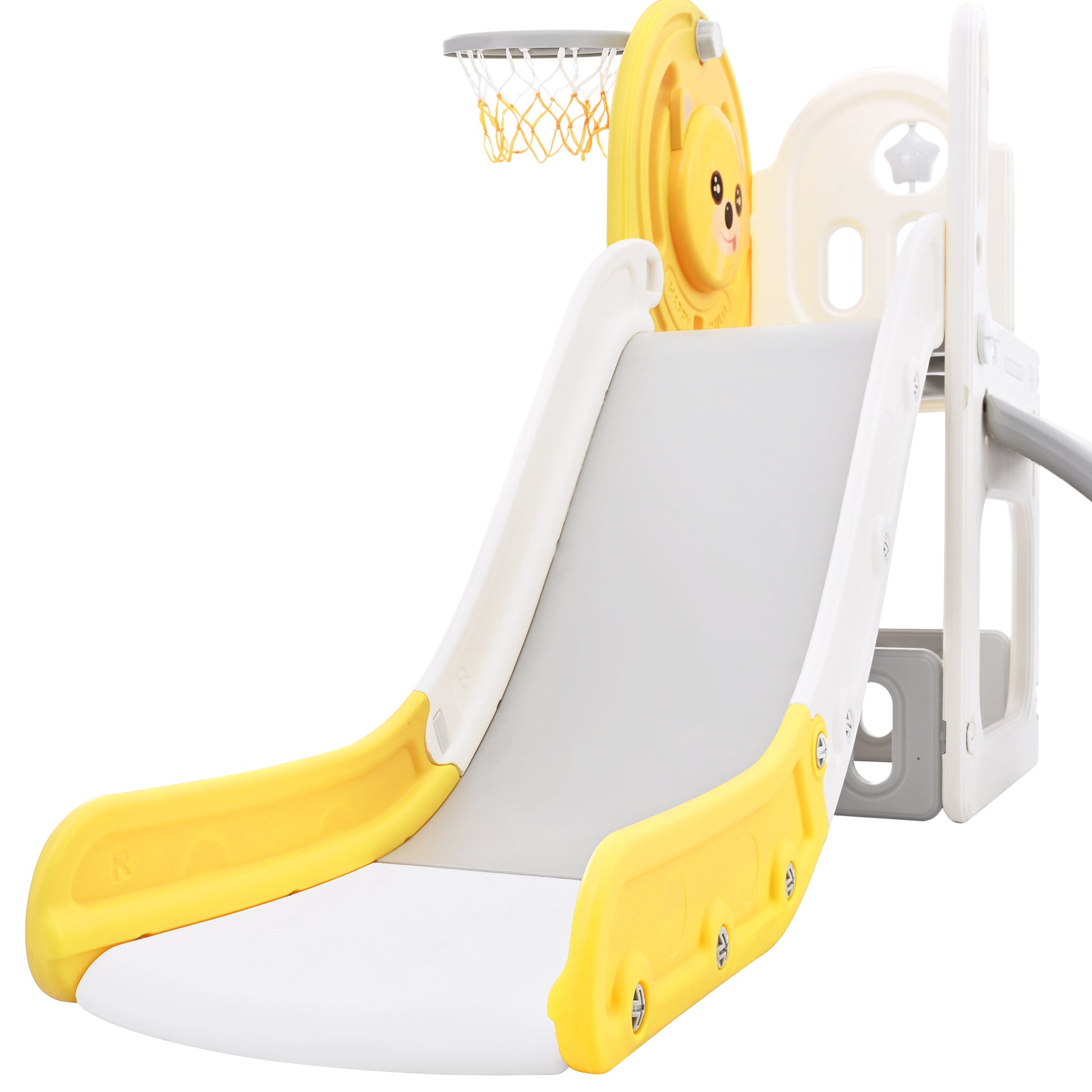 Toddler Climber And Slide Set 4 In 1, Kids Playground Climber Freestanding Slide Playset With Basketball Hoop Play Combination For Babies Indoor & Outdoor Yellow Hdpe