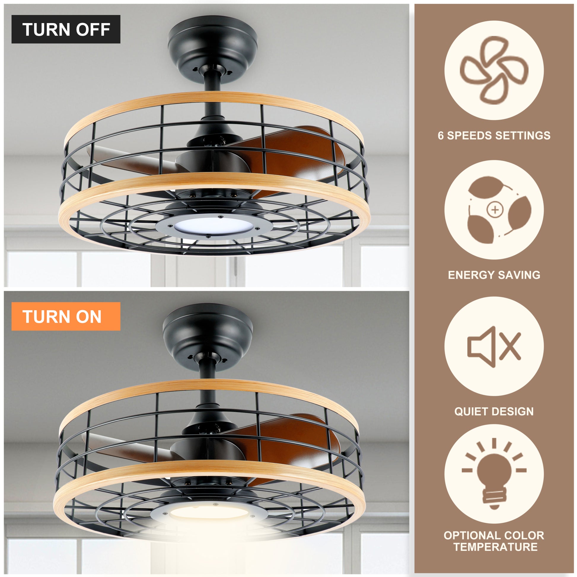 Infinipower 16'' Ceiling Fans With Lights And Remote, Caged Ceiling Fan With Reversible Motor For Different Seasons, Quiet And Energy Saving, 6 Level Speeds Brown Wood