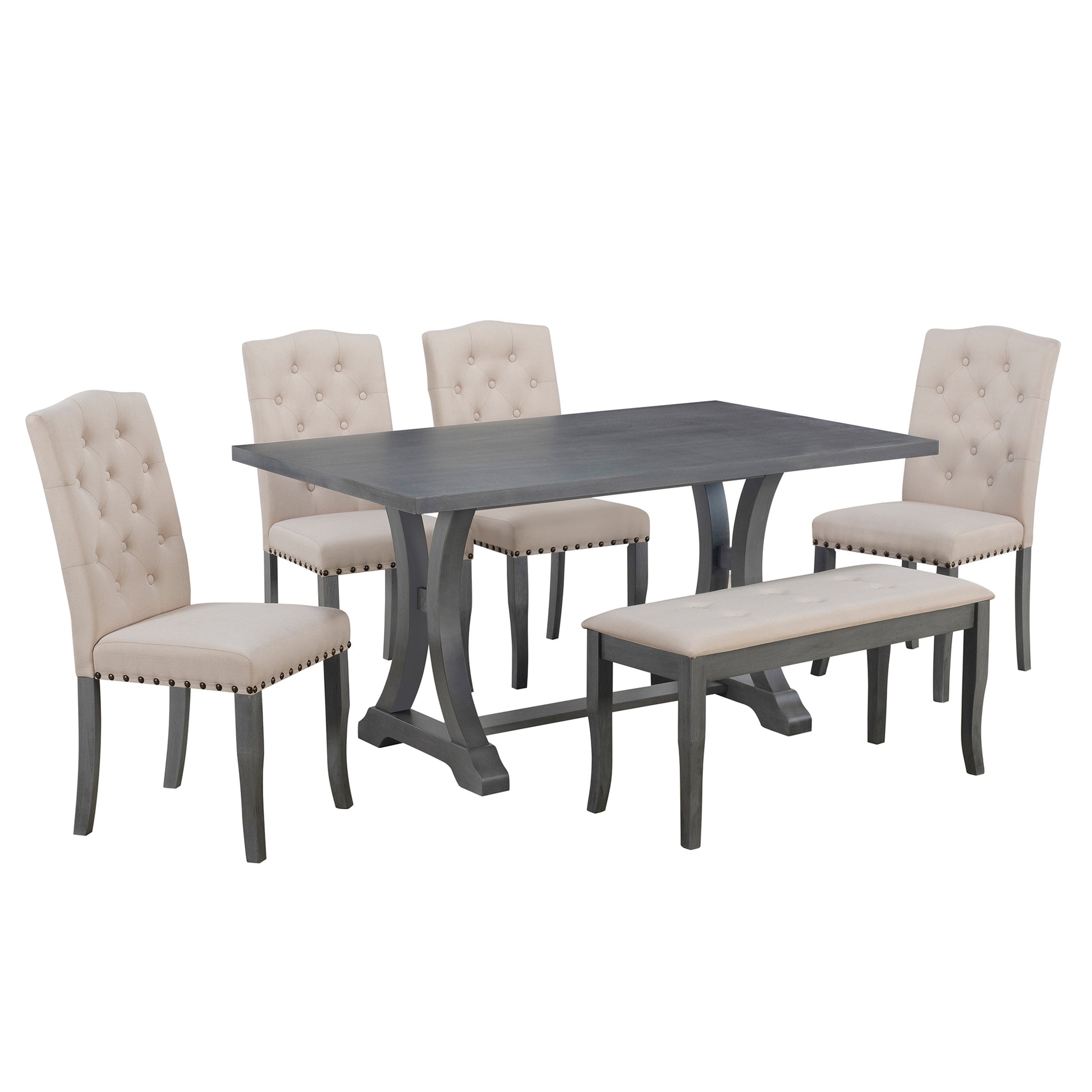 6 Piece Farmhouse Dining Table Set, Rectangular Trestle Table And 4 Upholstered Chairs & Bench For Dining Room Antique Gray Antique Gray Solid Wood