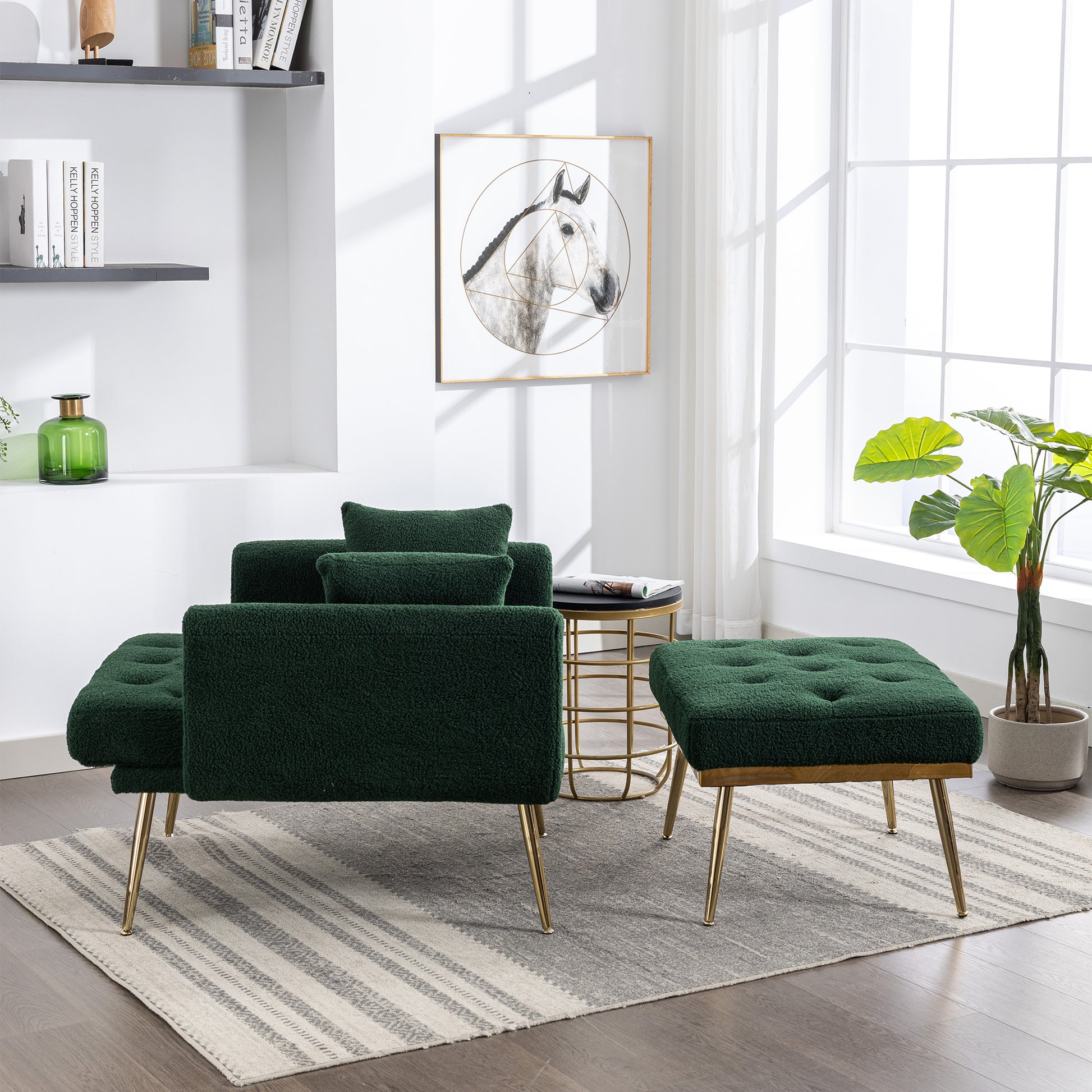 36.61'' Wide Modern Accent Chair With 3 Positions Adjustable Backrest, Tufted Chaise Lounge Chair, Single Recliner Armchair With Ottoman And Gold Legs For Living Room, Bedroom Green Green Foam Sherpa