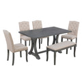6 Piece Farmhouse Dining Table Set, Rectangular Trestle Table And 4 Upholstered Chairs & Bench For Dining Room Antique Gray Antique Gray Solid Wood