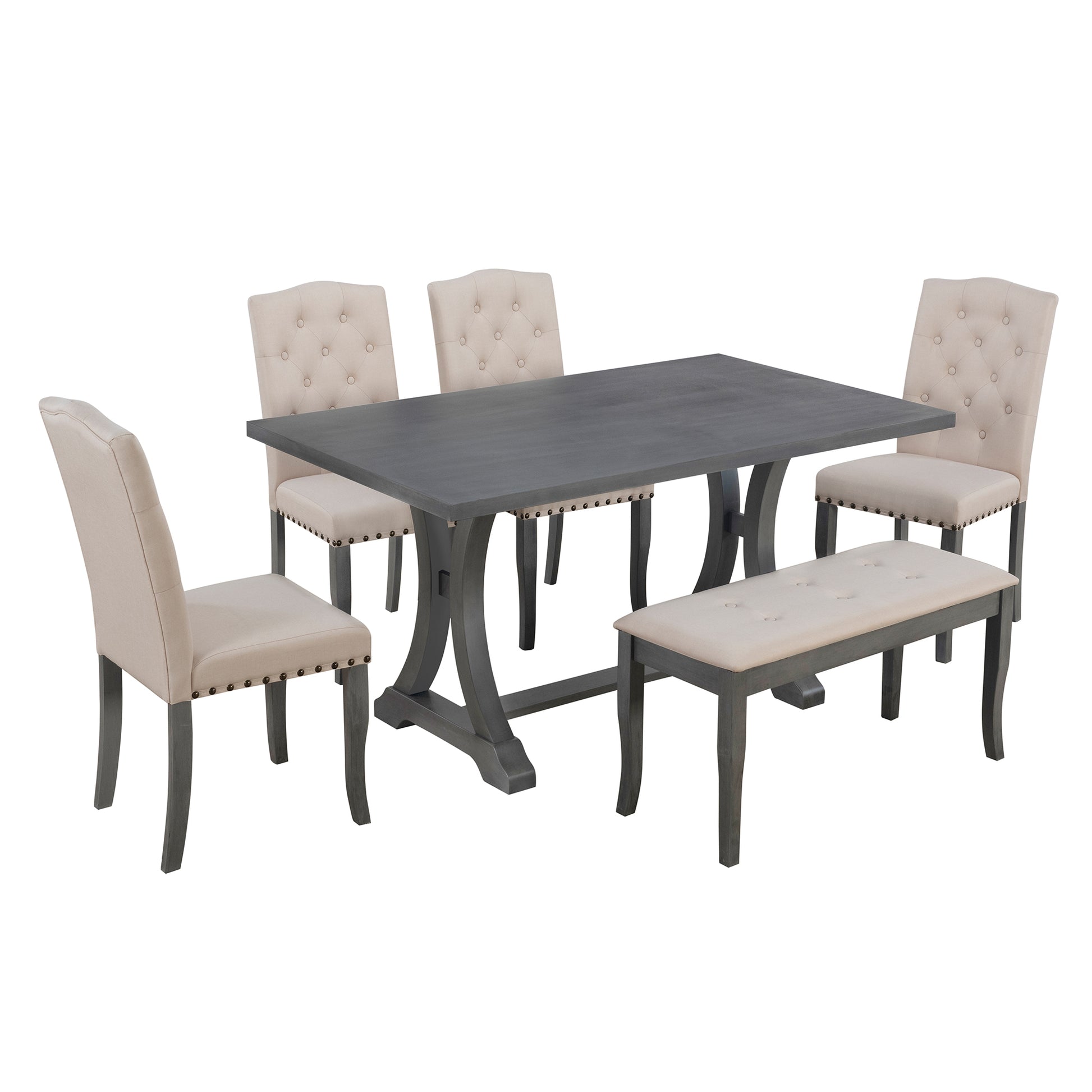 6 Piece Farmhouse Dining Table Set, Rectangular Trestle Table And 4 Upholstered Chairs & Bench For Dining Room Antique Gray Antique Gray Solid Wood