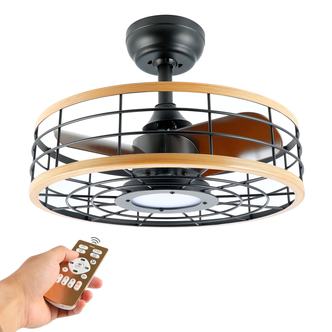 Infinipower 16'' Ceiling Fans With Lights And Remote, Caged Ceiling Fan With Reversible Motor For Different Seasons, Quiet And Energy Saving, 6 Level Speeds Brown Wood