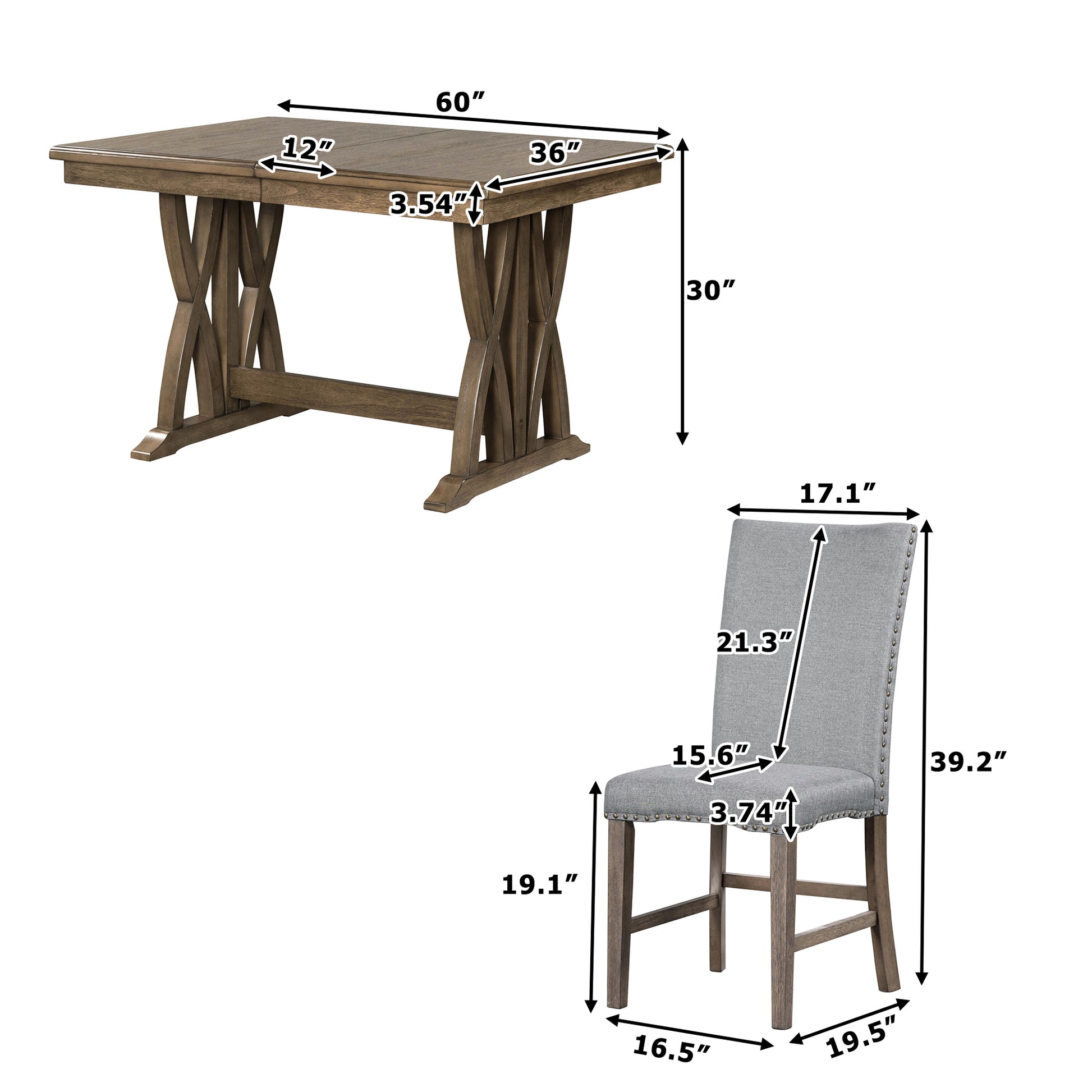 Mid Century Solid Wood 7 Piece Dining Table Set Extendable Kitchen Table Set With Upholstered Chairs And 12" Leaf For 6, Golden Brown Gray Cushion Brown Wood Dining Room Solid Wood Rubberwood Rectangular Dining Table With Chair Upholstered Chair Wood