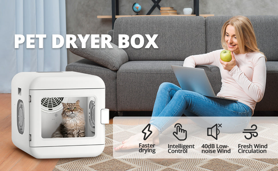 Pet Hair Dryer Box, Ultra Quiet Blow Dryer 6L Capacity For Cats And Small Dogs, Professional Fast Drying Blower, Intelligent Control, Adjustable Temperature And Time, 360 Degree Warm Wind White Stainless Steel