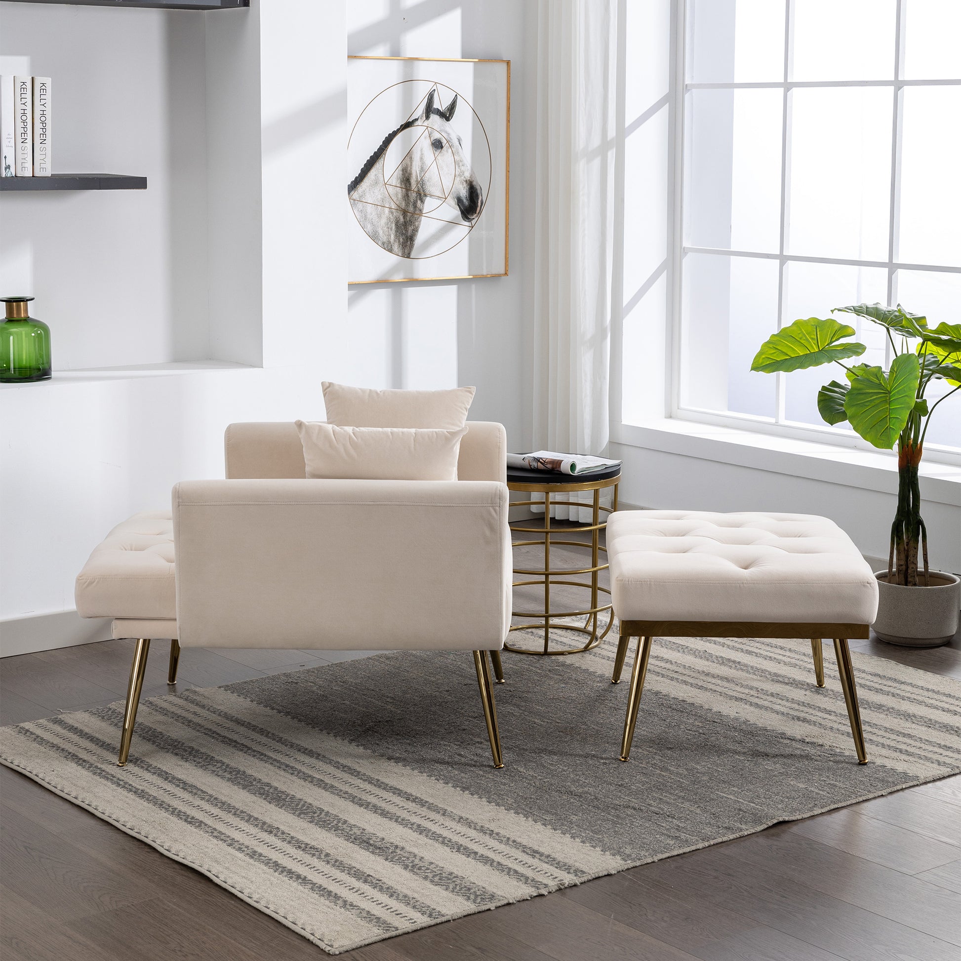 36.61'' Wide Modern Accent Chair With 3 Positions Adjustable Backrest, Tufted Chaise Lounge Chair, Single Recliner Armchair With Ottoman And Gold Legs For Living Room, Bedroom Beige Beige Foam Velvet