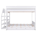 Wood Full Size Convertible Bunk Bed With Storage Staircase, Bedside Table, And 3 Drawers, White White Solid Wood Mdf