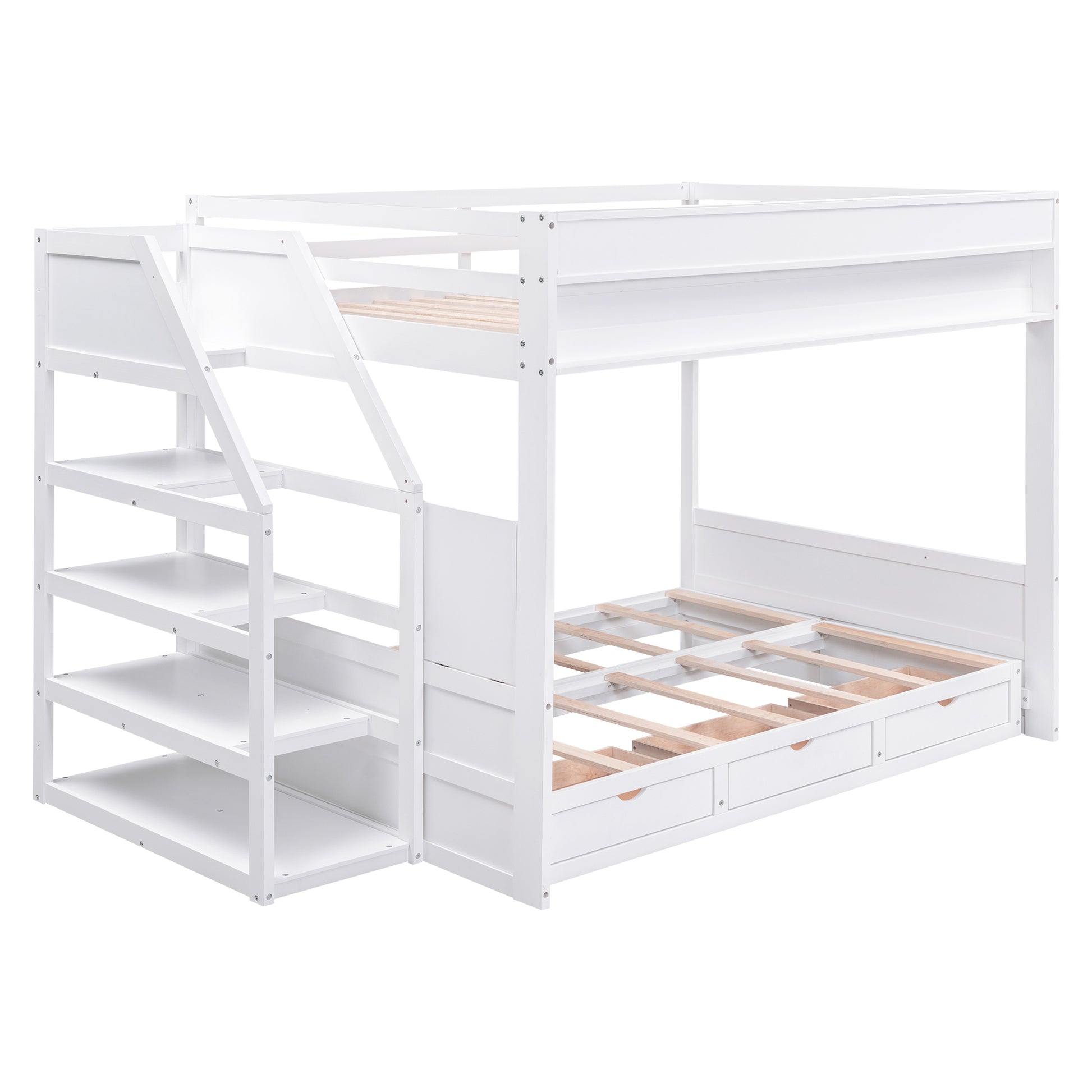 Wood Full Size Convertible Bunk Bed With Storage Staircase, Bedside Table, And 3 Drawers, White White Solid Wood Mdf