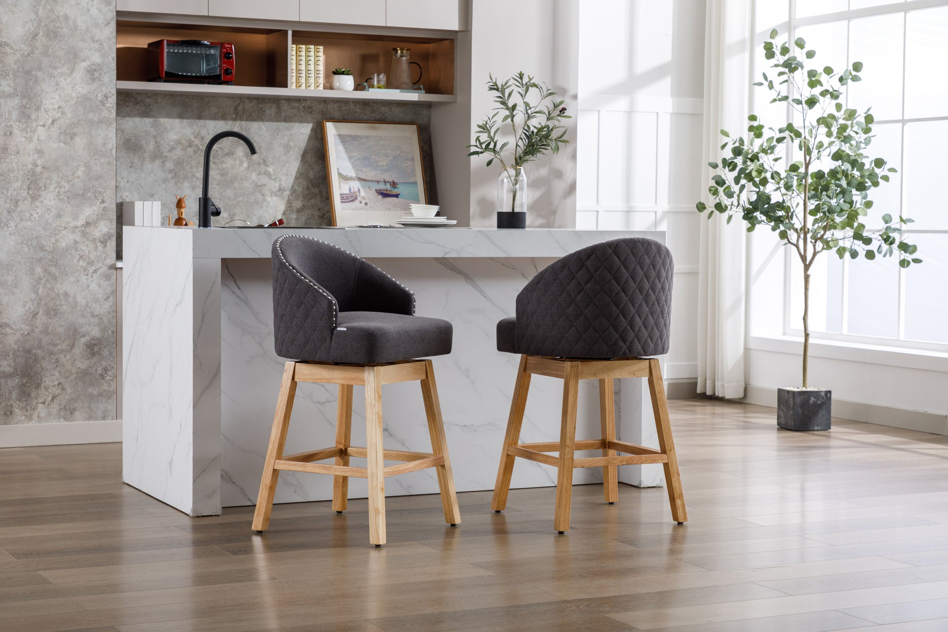 Coolmore Bar Stools Set Of 2 Counter Height Chairs With Footrest For Kitchen, Dining Room And 360 Degree Swivel Charcoal Grey Linen