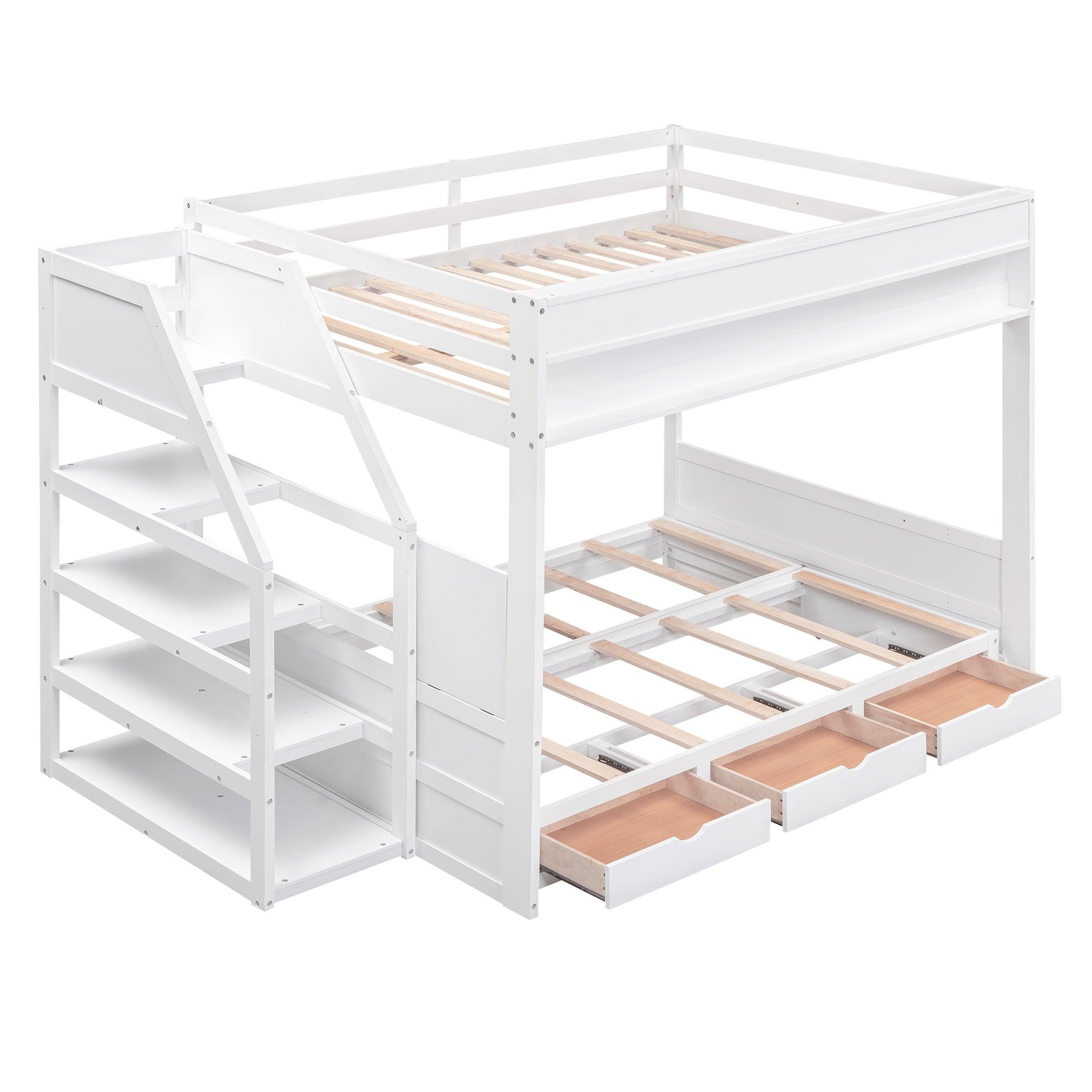 Wood Full Size Convertible Bunk Bed With Storage Staircase, Bedside Table, And 3 Drawers, White White Solid Wood Mdf