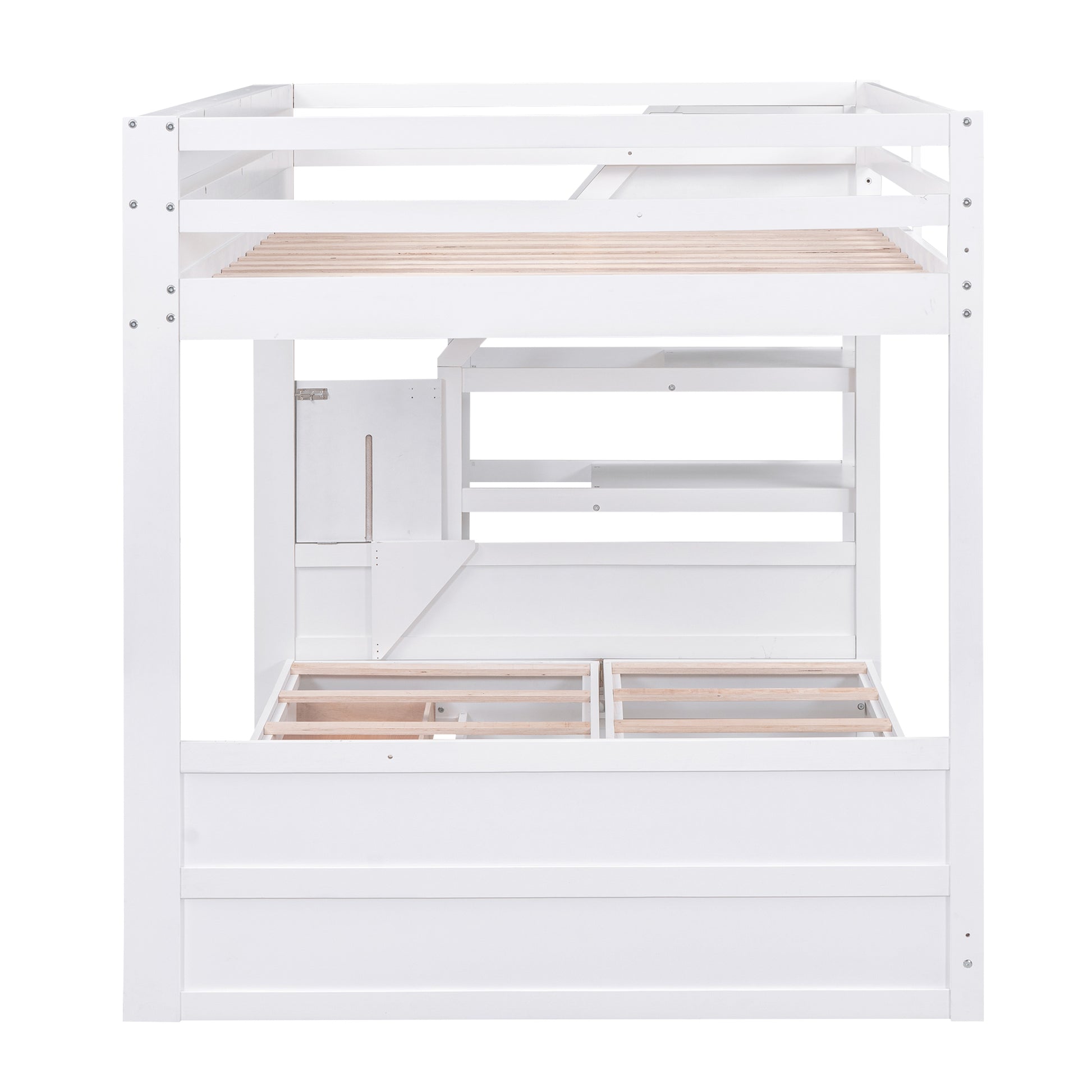 Wood Full Size Convertible Bunk Bed With Storage Staircase, Bedside Table, And 3 Drawers, White White Solid Wood Mdf