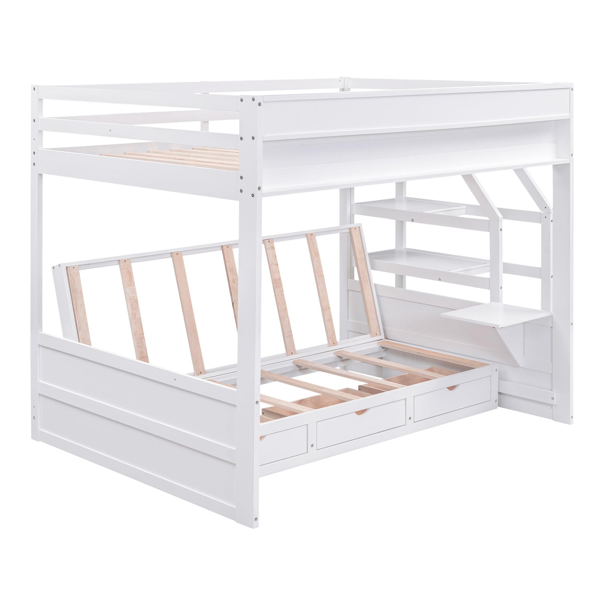 Wood Full Size Convertible Bunk Bed With Storage Staircase, Bedside Table, And 3 Drawers, White White Solid Wood Mdf