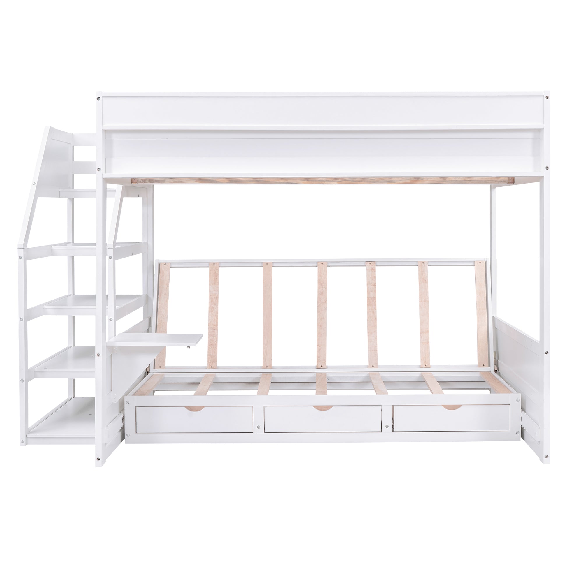 Wood Full Size Convertible Bunk Bed With Storage Staircase, Bedside Table, And 3 Drawers, White White Solid Wood Mdf