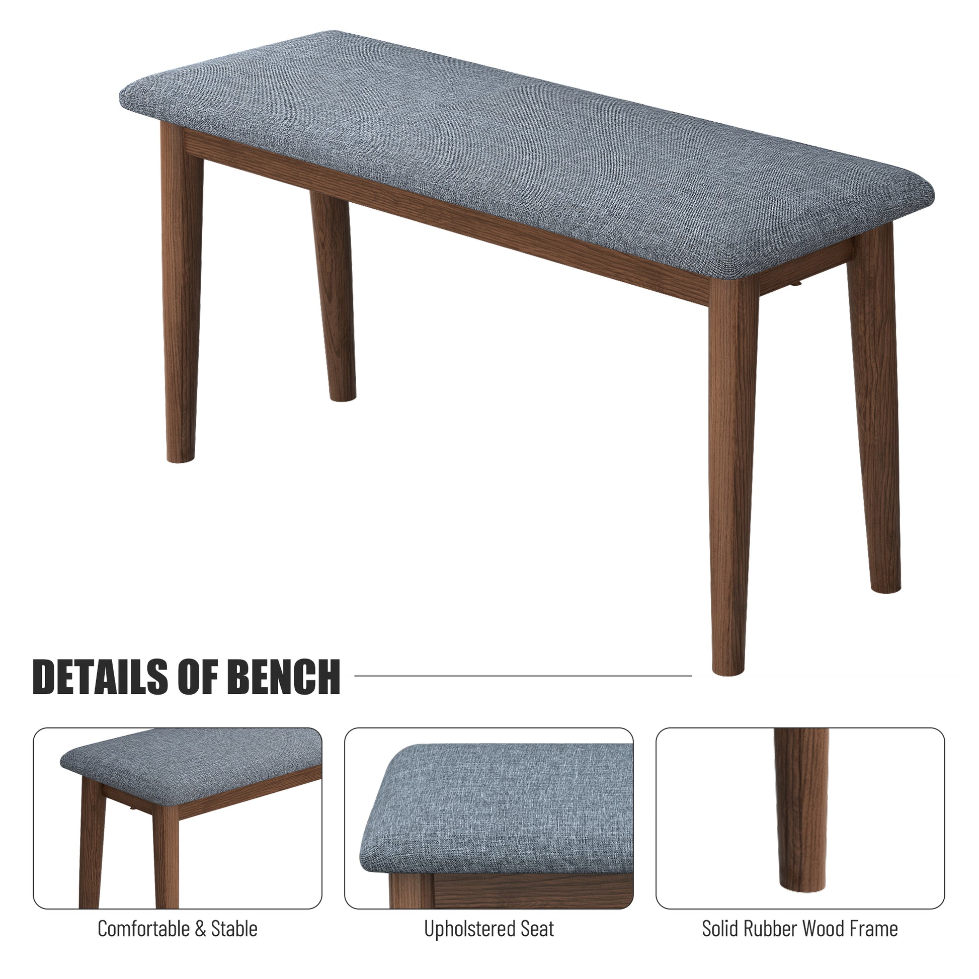 Modern Dining Table Set With 2 Benches And 2 Chairs Fabric Cushion For 6 All Rubber Wood Kitchen Dining Table For Dining Room Small Space Grey Walnut Rubber Wood