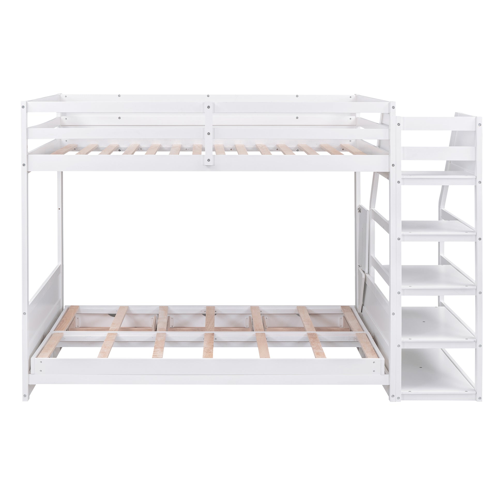 Wood Full Size Convertible Bunk Bed With Storage Staircase, Bedside Table, And 3 Drawers, White White Solid Wood Mdf