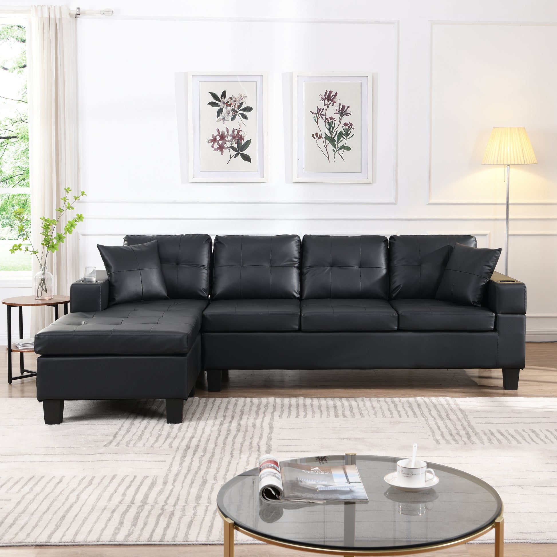 Sectional Sofa Set For Living Room With L Shape Chaise Lounge ,Cup Holder And Left Or Right Hand Chaise Modern 4 Seat Black Black Wood