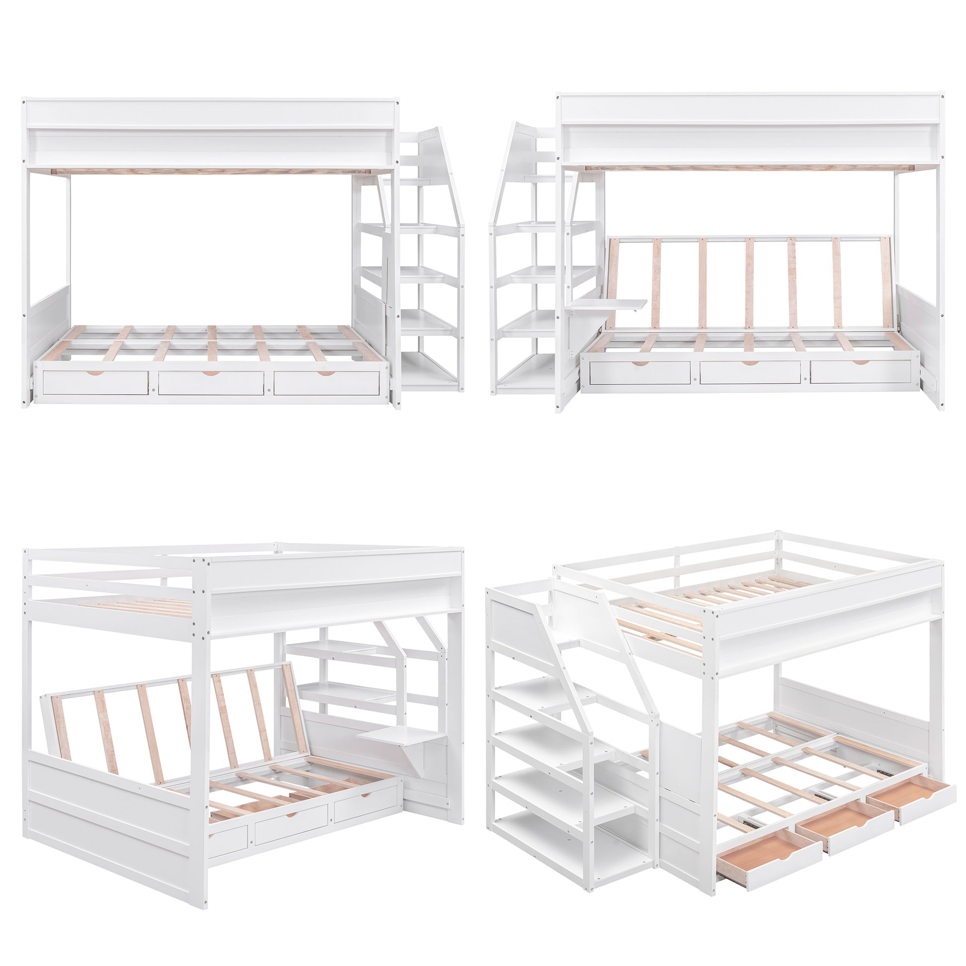 Wood Full Size Convertible Bunk Bed With Storage Staircase, Bedside Table, And 3 Drawers, White White Solid Wood Mdf