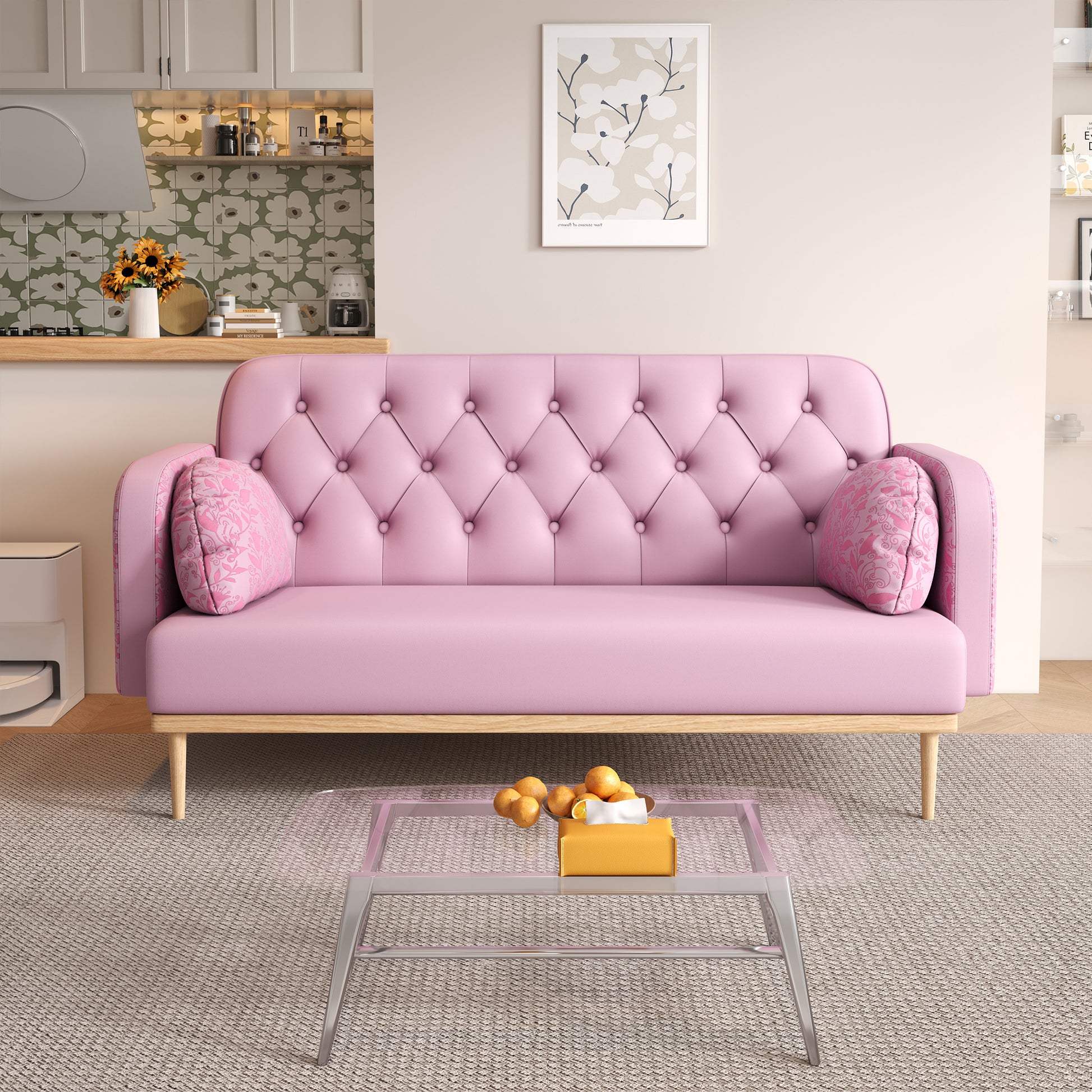Loveseat Sofa With Tulip Pattern Modern Upholstered Two Seater Pu Sofa With 2 Dumpling Shaped Throw Pillows With Tulip Patterns Light Pink Tech Cloth Solid Wood 2 Seat