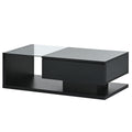 Modern Coffee Table With Tempered Glass, Wooden Cocktail Table With High Gloss Uv Surface, Modernist 2 Tier Rectangle Center Table For Living Room, Black Black Soft Close Drawers Primary Living Space Minimalist Freestanding Rectangular Drawers Coffee &