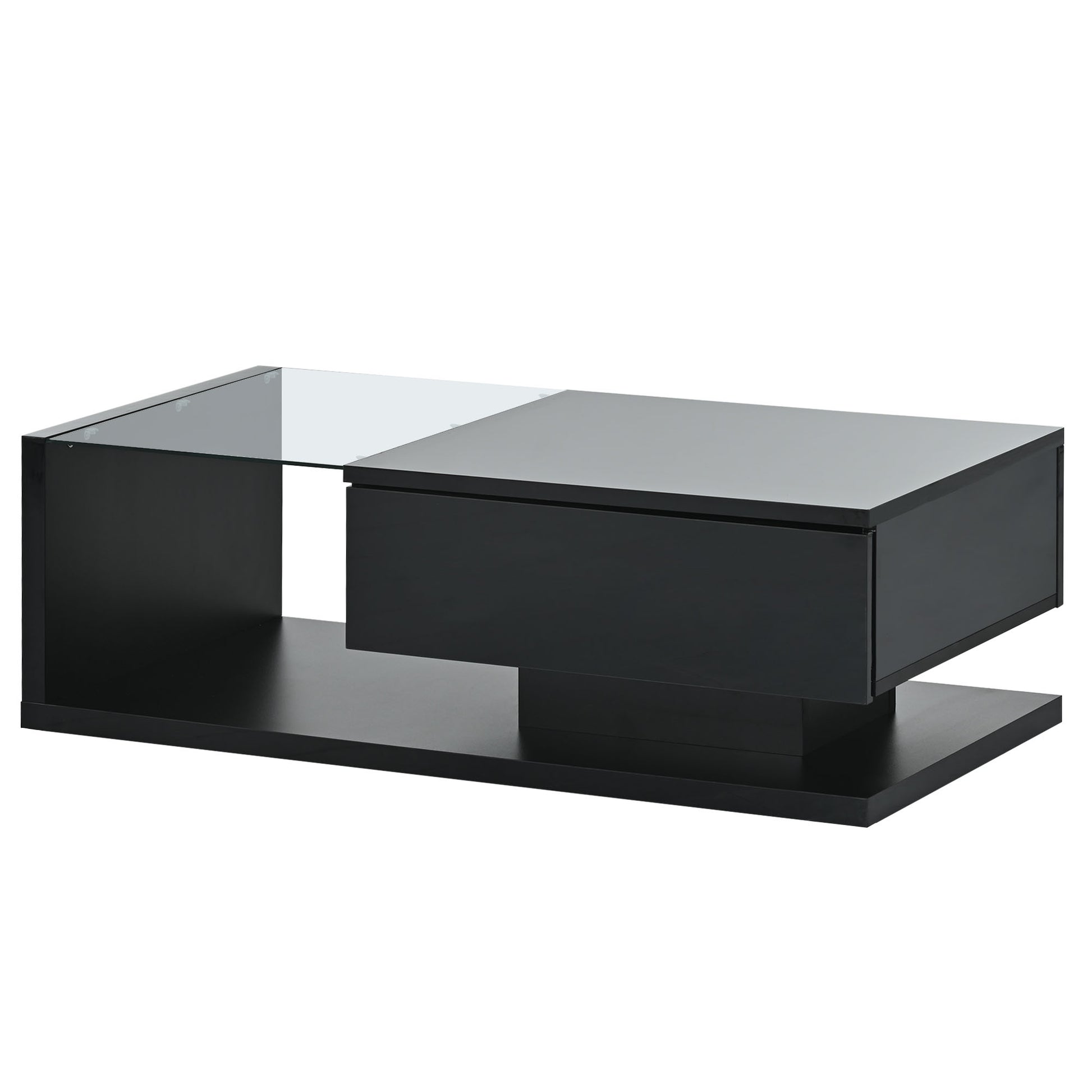Modern Coffee Table With Tempered Glass, Wooden Cocktail Table With High Gloss Uv Surface, Modernist 2 Tier Rectangle Center Table For Living Room, Black Black Soft Close Drawers Primary Living Space Minimalist Freestanding Rectangular Drawers Coffee &