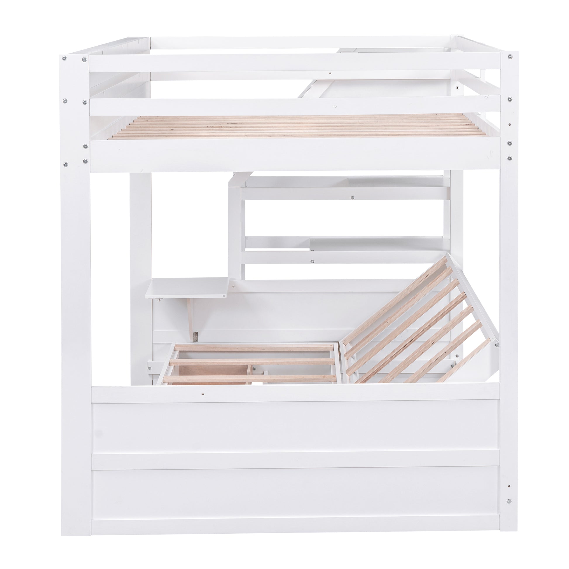 Wood Full Size Convertible Bunk Bed With Storage Staircase, Bedside Table, And 3 Drawers, White White Solid Wood Mdf