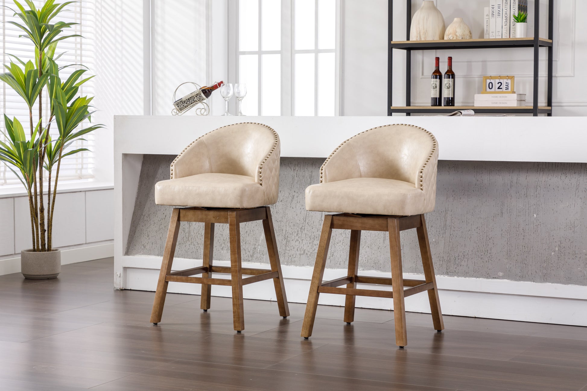 Coolmore Bar Stools Set Of 2 Counter Height Chairs With Footrest For Kitchen, Dining Room And 360 Degree Swivel Apricot Pu Pu Leather