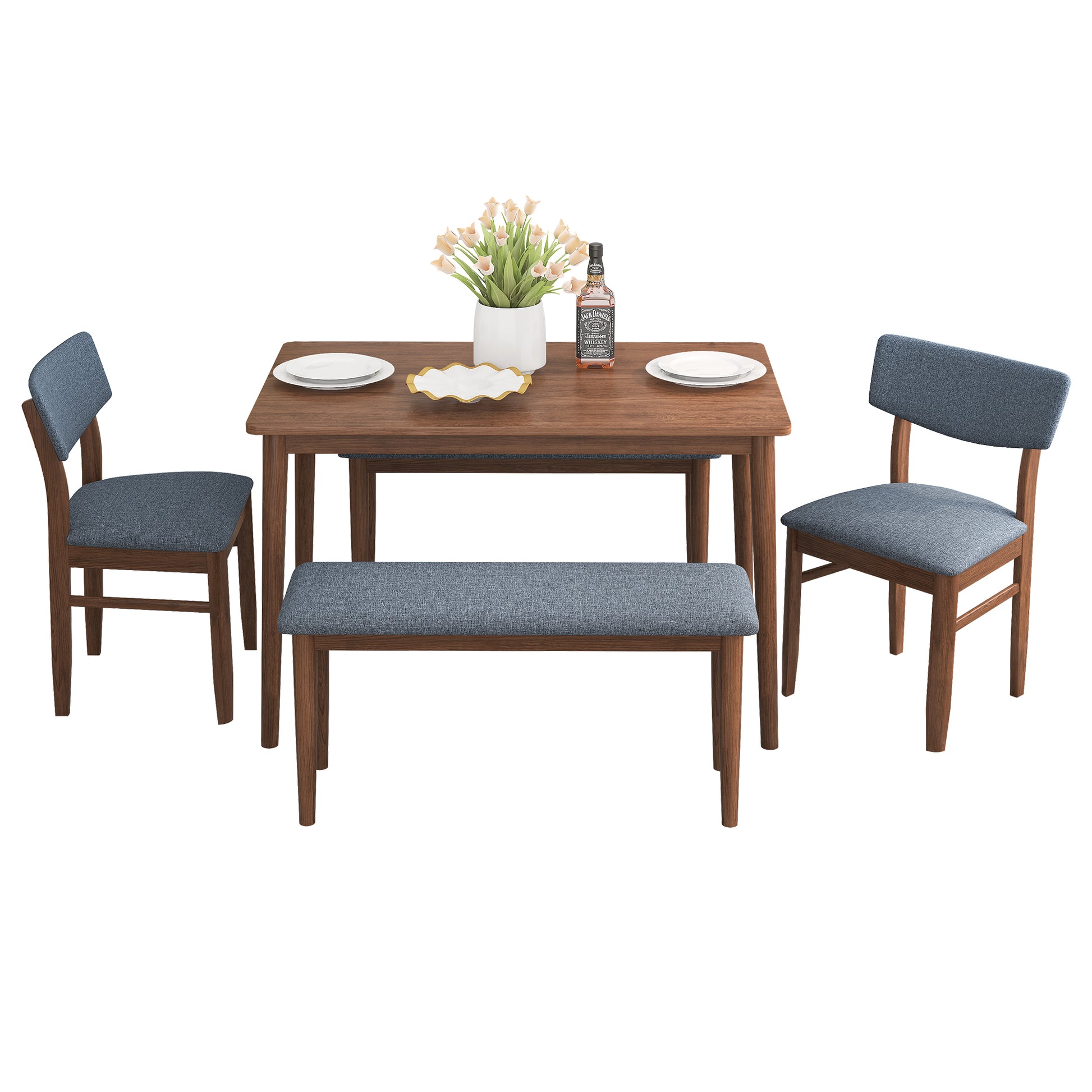 Modern Dining Table Set With 2 Benches And 2 Chairs Fabric Cushion For 6 All Rubber Wood Kitchen Dining Table For Dining Room Small Space Grey Walnut Rubber Wood