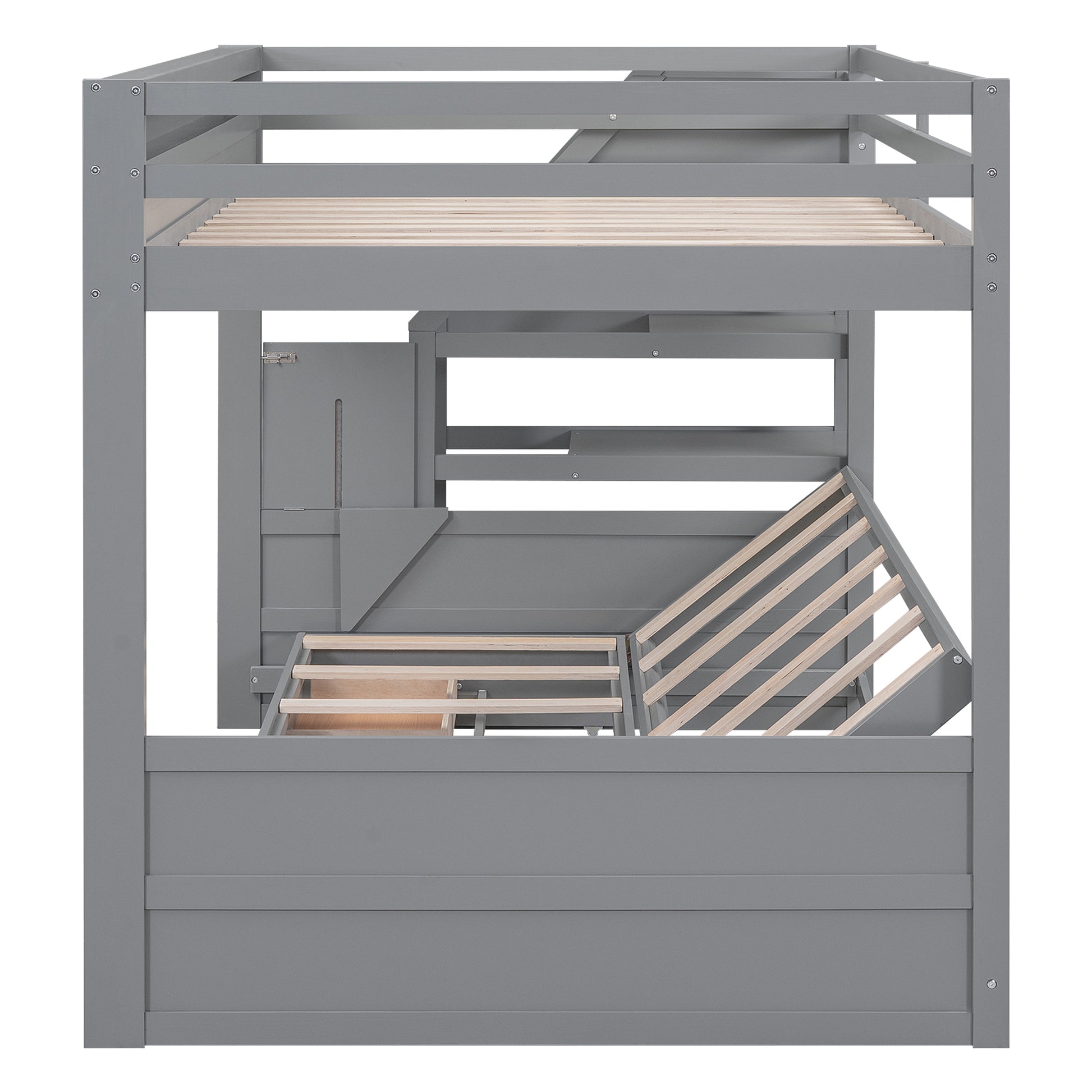 Wood Full Size Convertible Bunk Bed With Storage Staircase, Bedside Table, And 3 Drawers, Gray Gray Solid Wood Mdf