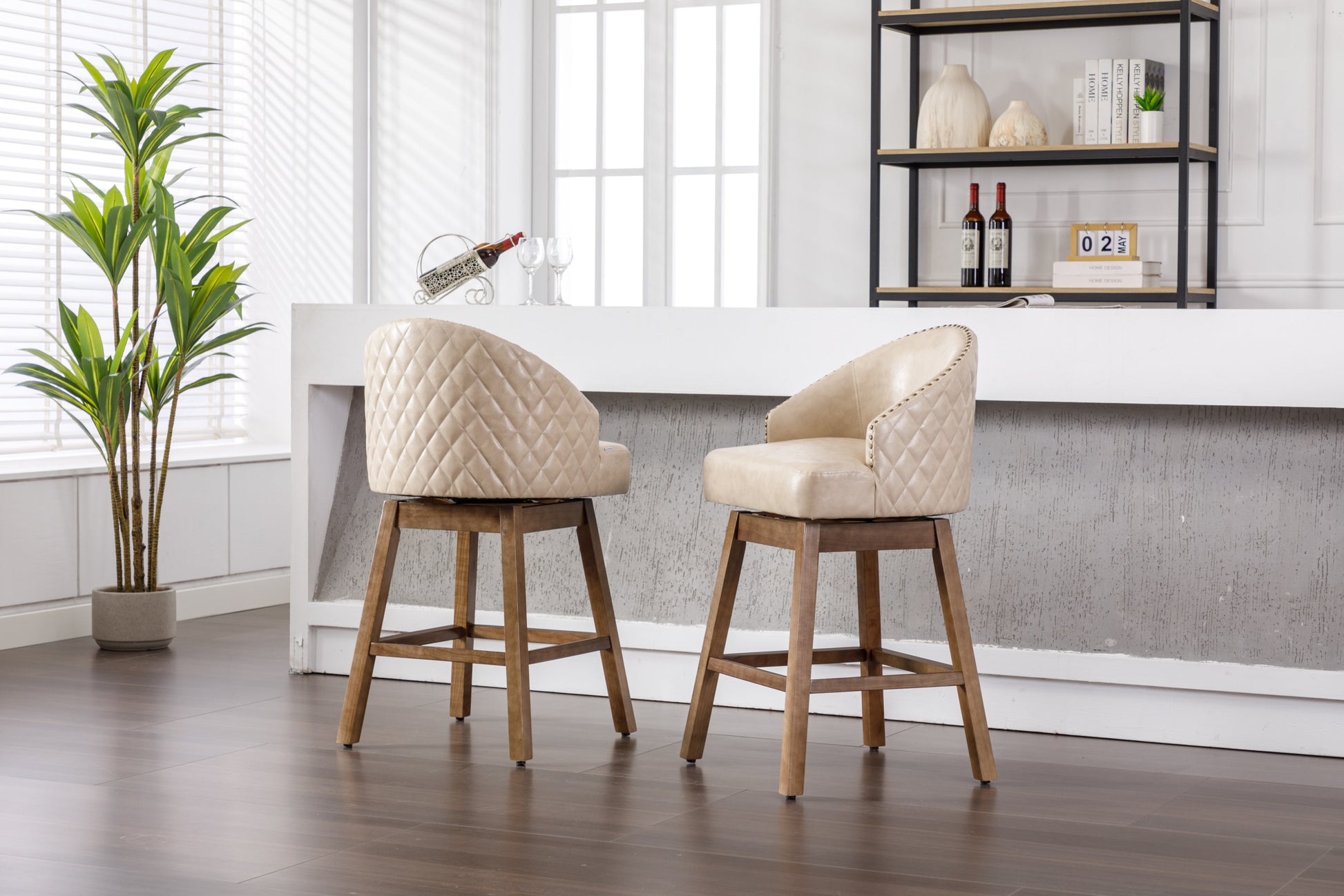 Coolmore Bar Stools Set Of 2 Counter Height Chairs With Footrest For Kitchen, Dining Room And 360 Degree Swivel Apricot Pu Pu Leather