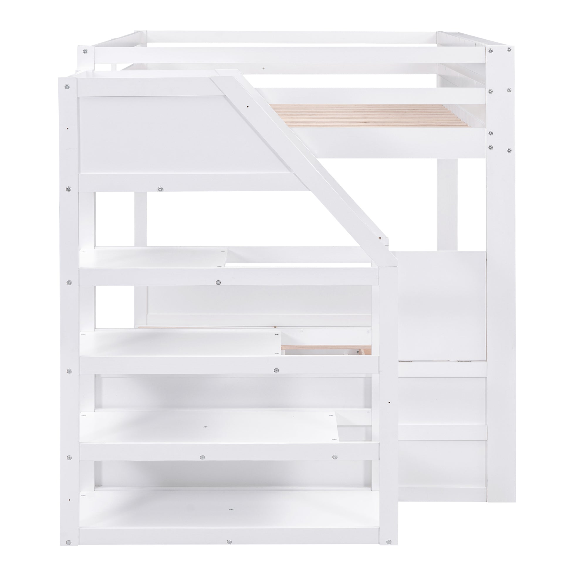 Wood Full Size Convertible Bunk Bed With Storage Staircase, Bedside Table, And 3 Drawers, White White Solid Wood Mdf