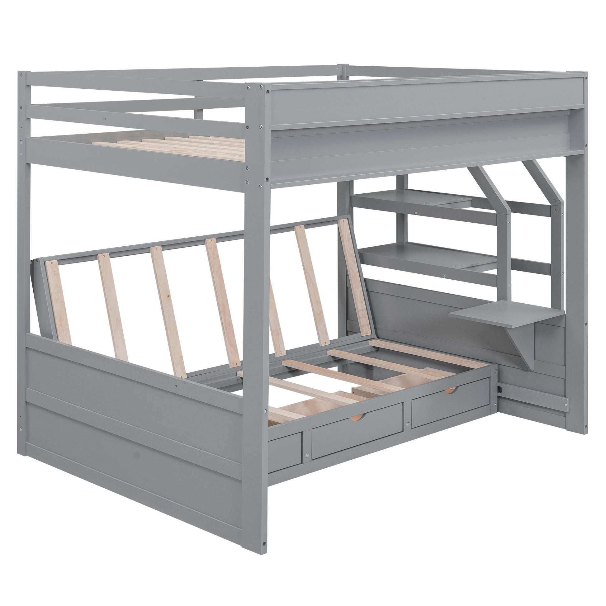 Wood Full Size Convertible Bunk Bed With Storage Staircase, Bedside Table, And 3 Drawers, Gray Gray Solid Wood Mdf