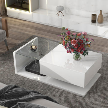 Modern Coffee Table With Tempered Glass, Wooden Cocktail Table With High Gloss Uv Surface, Modernist 2 Tier Rectangle Center Table For Living Room, White White Soft Close Drawers Primary Living Space Minimalist Freestanding Rectangular Drawers Coffee &