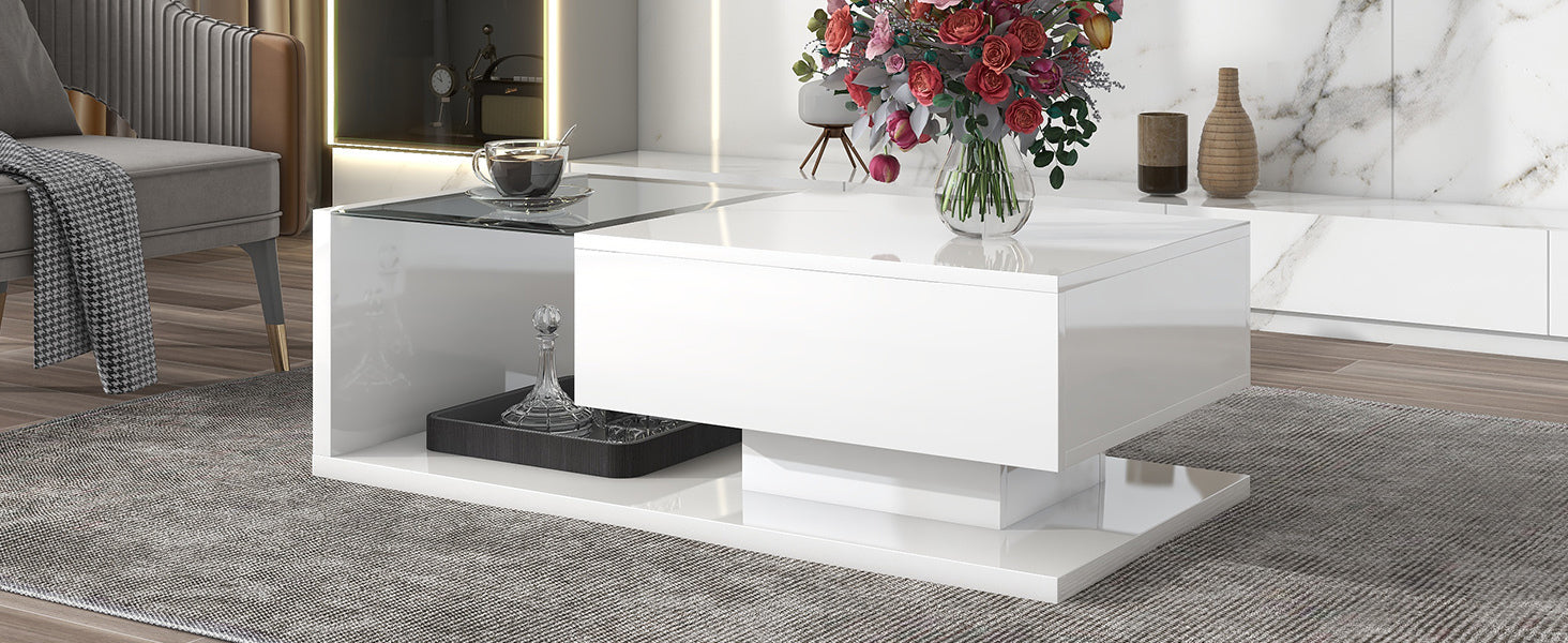 Modern Coffee Table With Tempered Glass, Wooden Cocktail Table With High Gloss Uv Surface, Modernist 2 Tier Rectangle Center Table For Living Room, White White Soft Close Drawers Primary Living Space Minimalist Freestanding Rectangular Drawers Coffee &