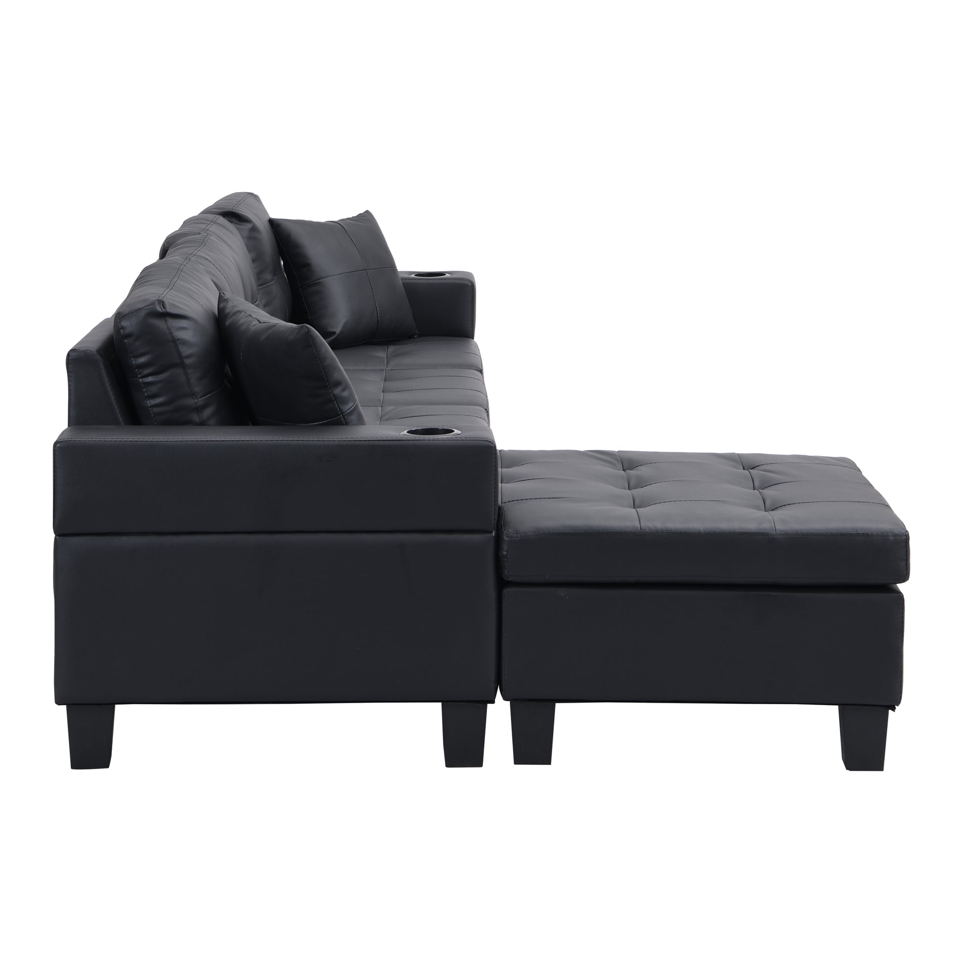 Sectional Sofa Set For Living Room With L Shape Chaise Lounge ,Cup Holder And Left Or Right Hand Chaise Modern 4 Seat Black Black Wood