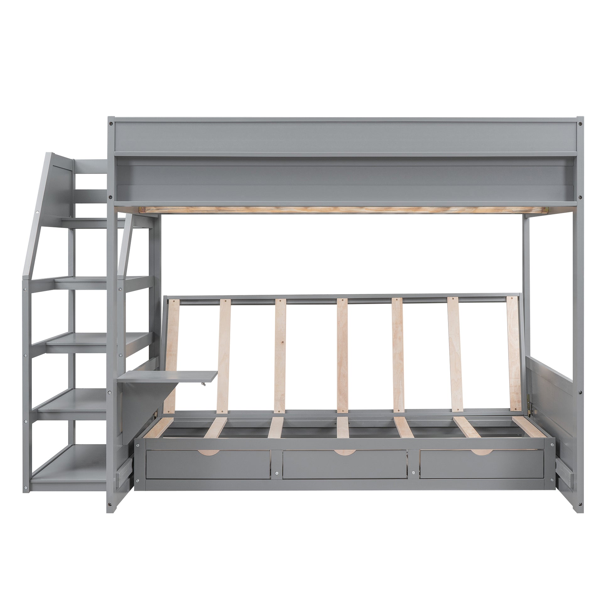 Wood Full Size Convertible Bunk Bed With Storage Staircase, Bedside Table, And 3 Drawers, Gray Gray Solid Wood Mdf