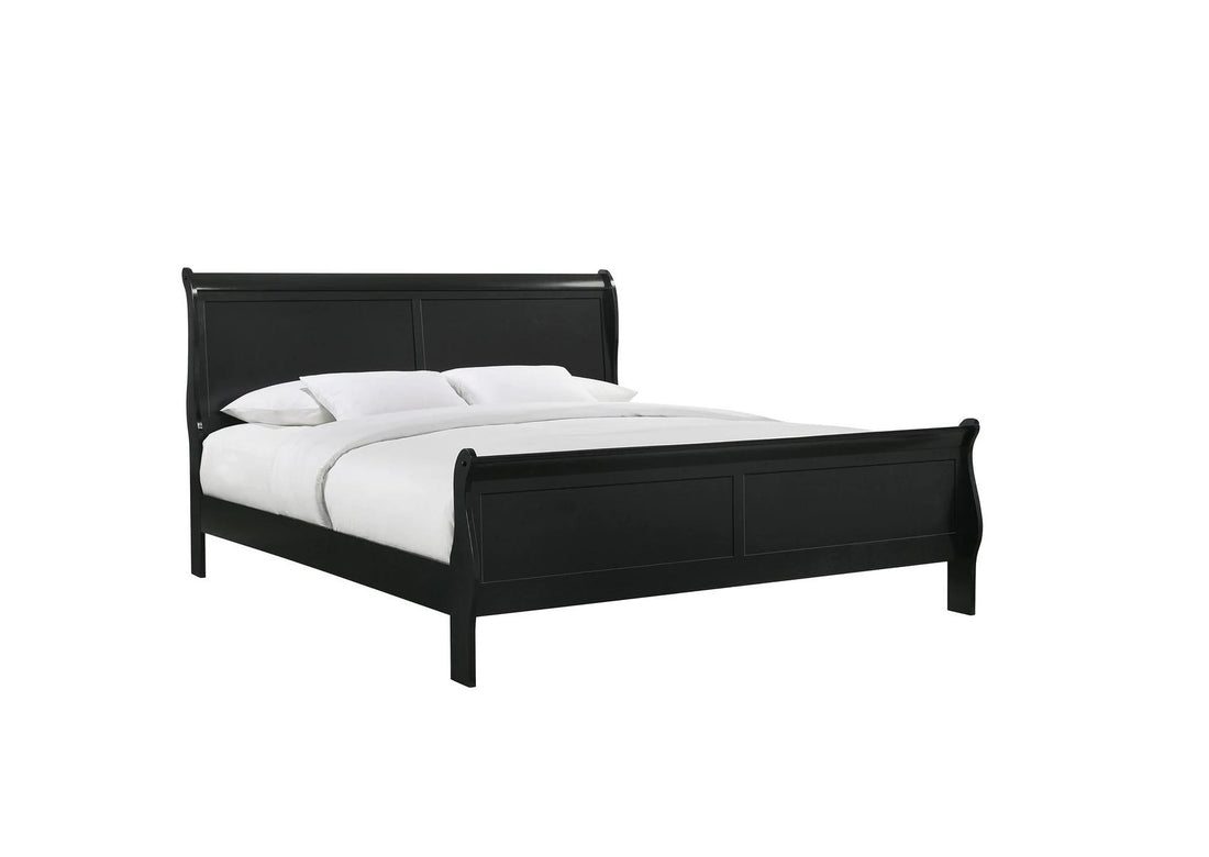 Louis Phillipe Black Finish King Size Panel Sleigh Bed Solid Wood Wooden Bedroom Furniture King Black Contemporary Solid Wood