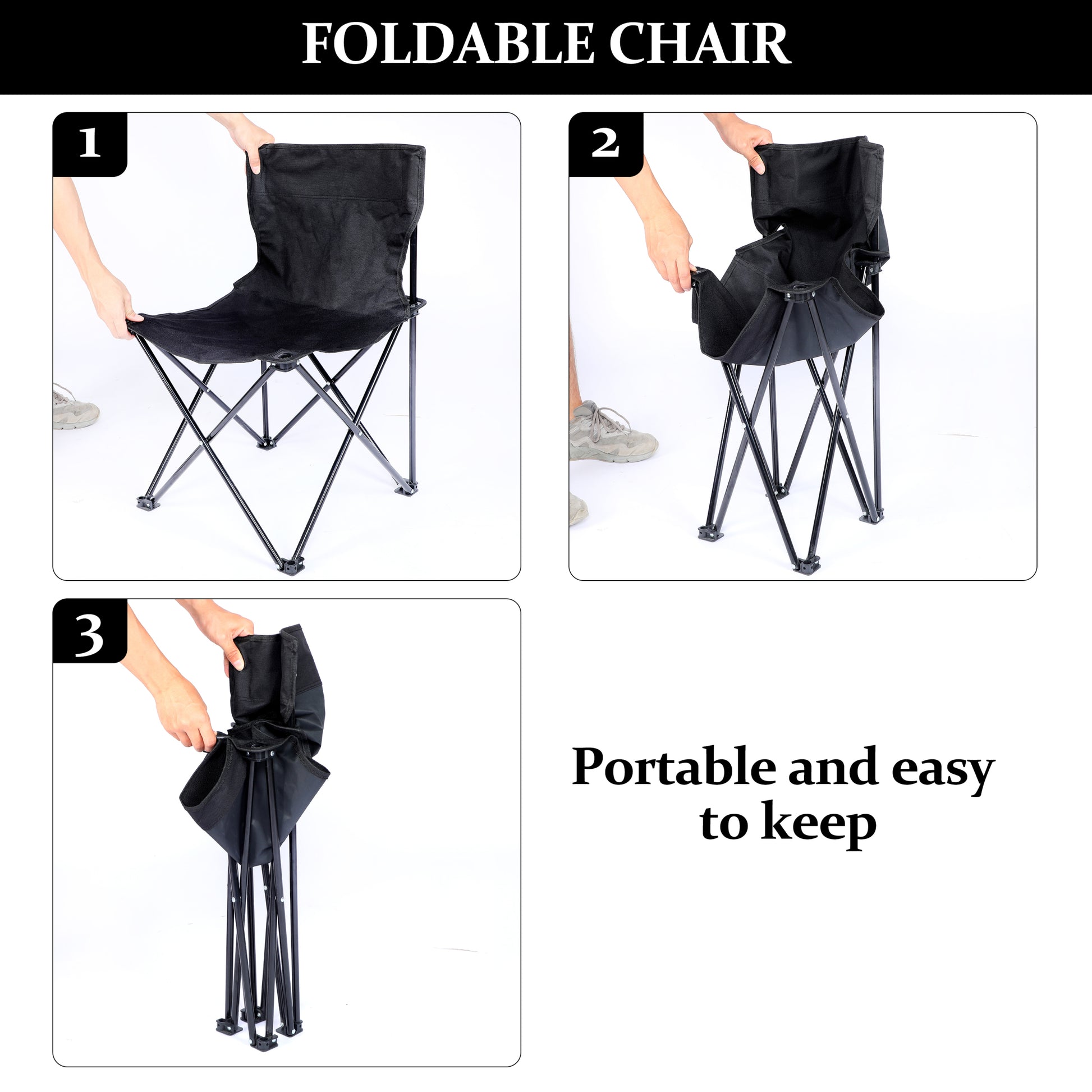 Yssoa Portable Folding Camping Chair With Carry Bag For Adults, Collapsible Anti Slip Padded Oxford Cloth Stool For Beach, Hiking, Fishing, Gardening, Picnic Color: Black, Size: Large Black Metal