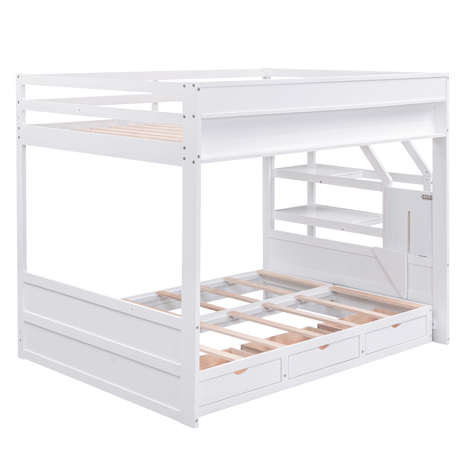 Wood Full Size Convertible Bunk Bed With Storage Staircase, Bedside Table, And 3 Drawers, White White Solid Wood Mdf