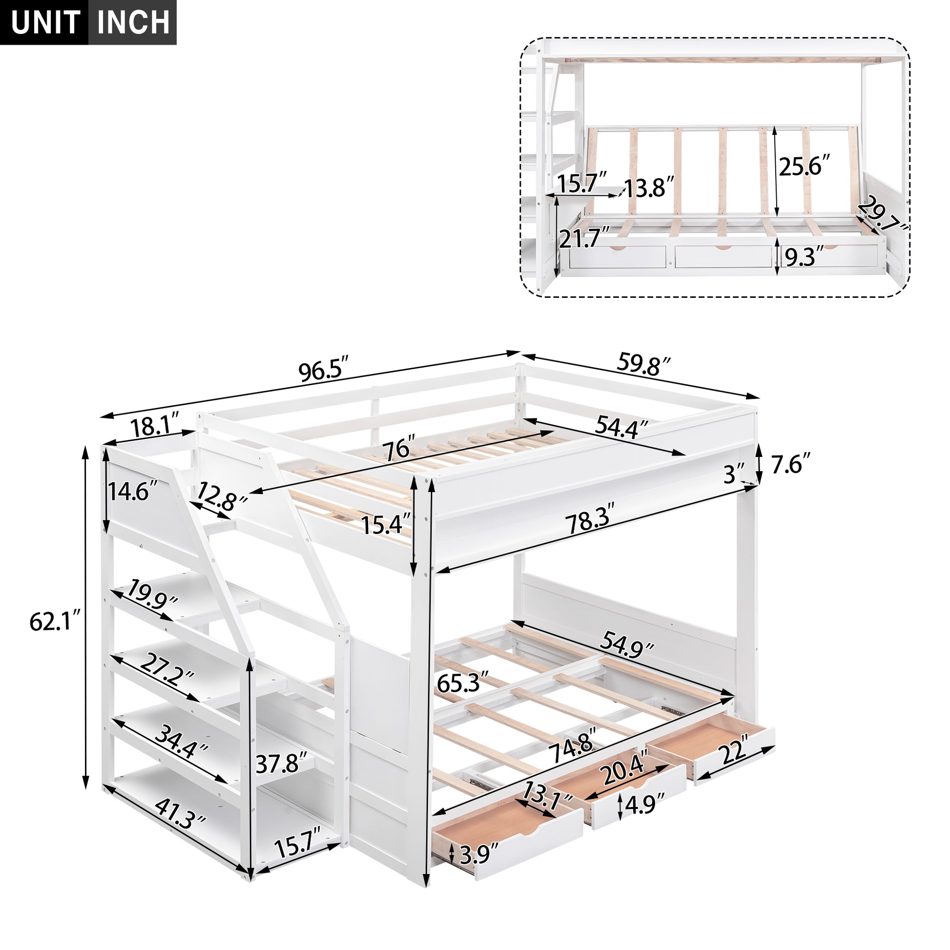 Wood Full Size Convertible Bunk Bed With Storage Staircase, Bedside Table, And 3 Drawers, White White Solid Wood Mdf