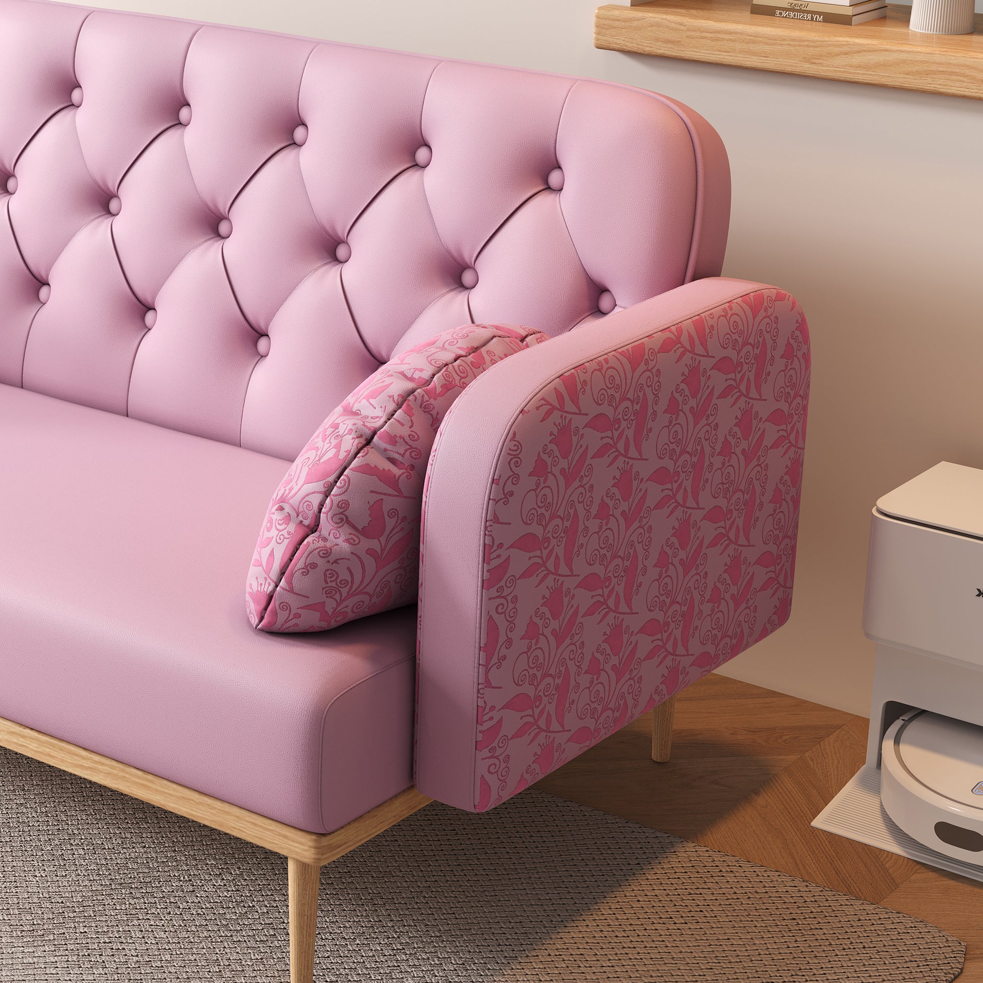 Loveseat Sofa With Tulip Pattern Modern Upholstered Two Seater Pu Sofa With 2 Dumpling Shaped Throw Pillows With Tulip Patterns Light Pink Tech Cloth Solid Wood 2 Seat