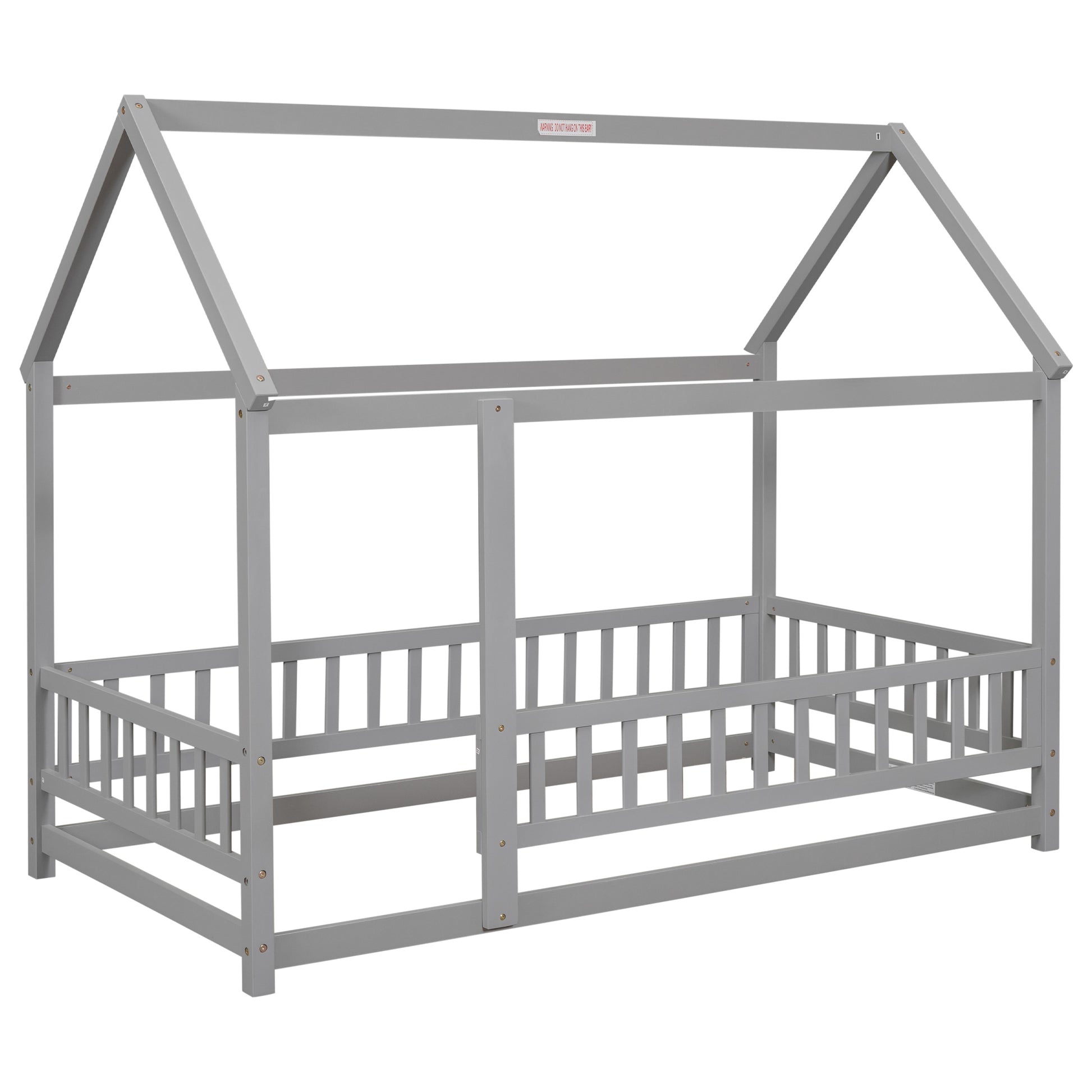 Twin Size Floor Wooden Bed With House Roof Frame, Fence Guardrails,Grey Old Sku:W1791106614 Twin Grey Pine