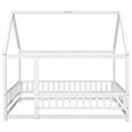 Full Size Floor Wooden Bed With House Roof Frame, Fence Guardrails ,White Full White Pine