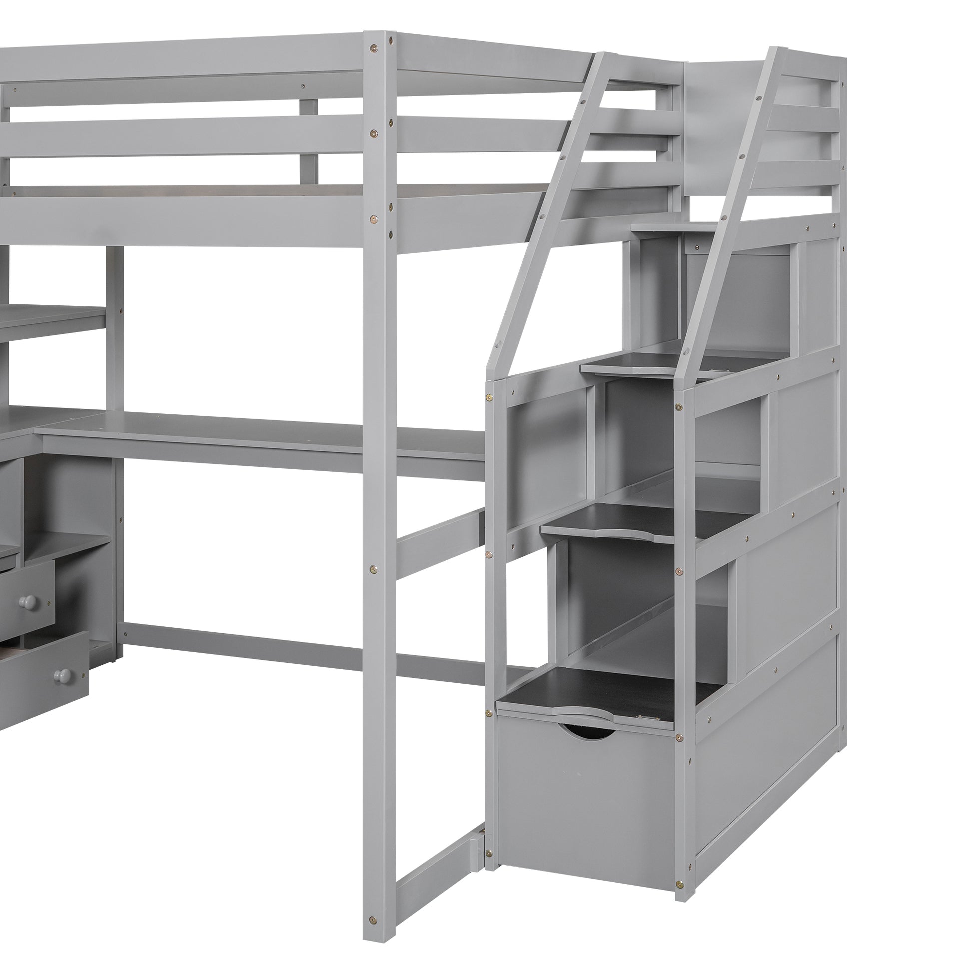 Full Size Loft Bed With Desk And Shelves, Two Built In Drawers, Storage Staircase, Gray Gray Pine