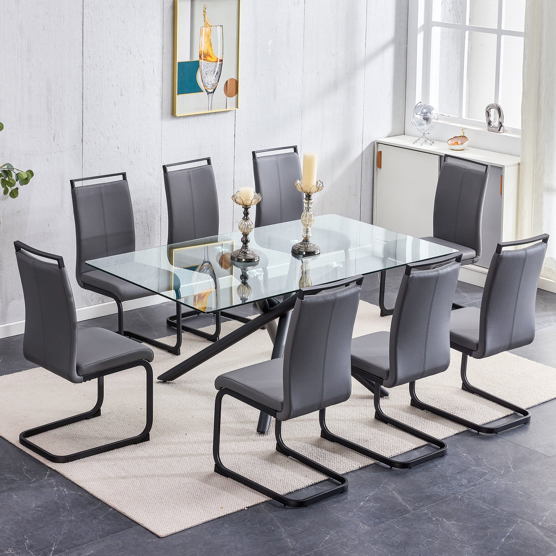 Large Modern Minimalist Rectangular Glass Dining Table For 6 8 With 0.39" Tempered Glass Tabletop And Black Color Metal Legs, For Kitchen Dining Living Meeting Room Banquet Hall,71" W X 39" D X 301537 Black Glass